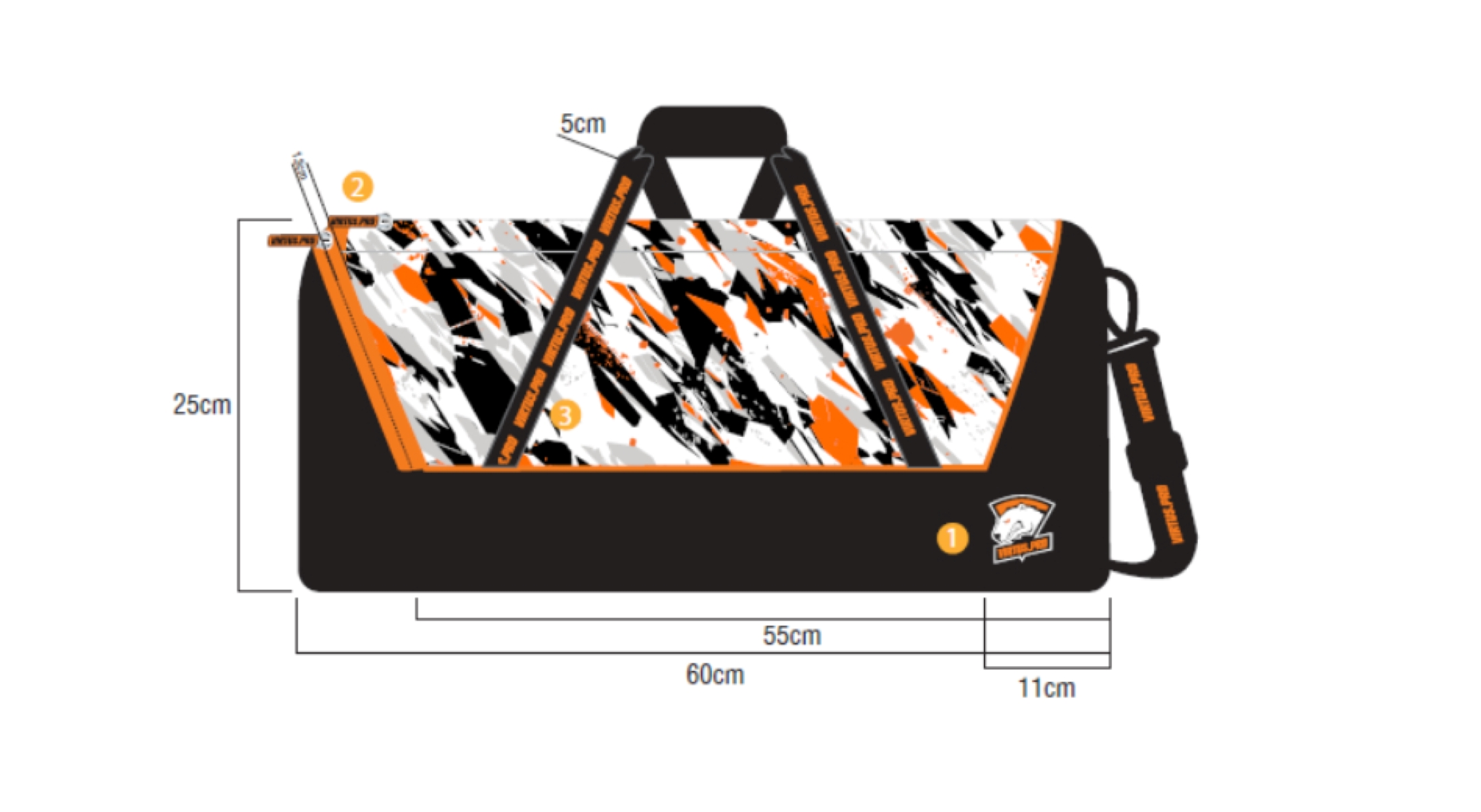 Schwarz-orangefarbene Reisetasche mit Maßangaben. Weißer Hintergrund.
