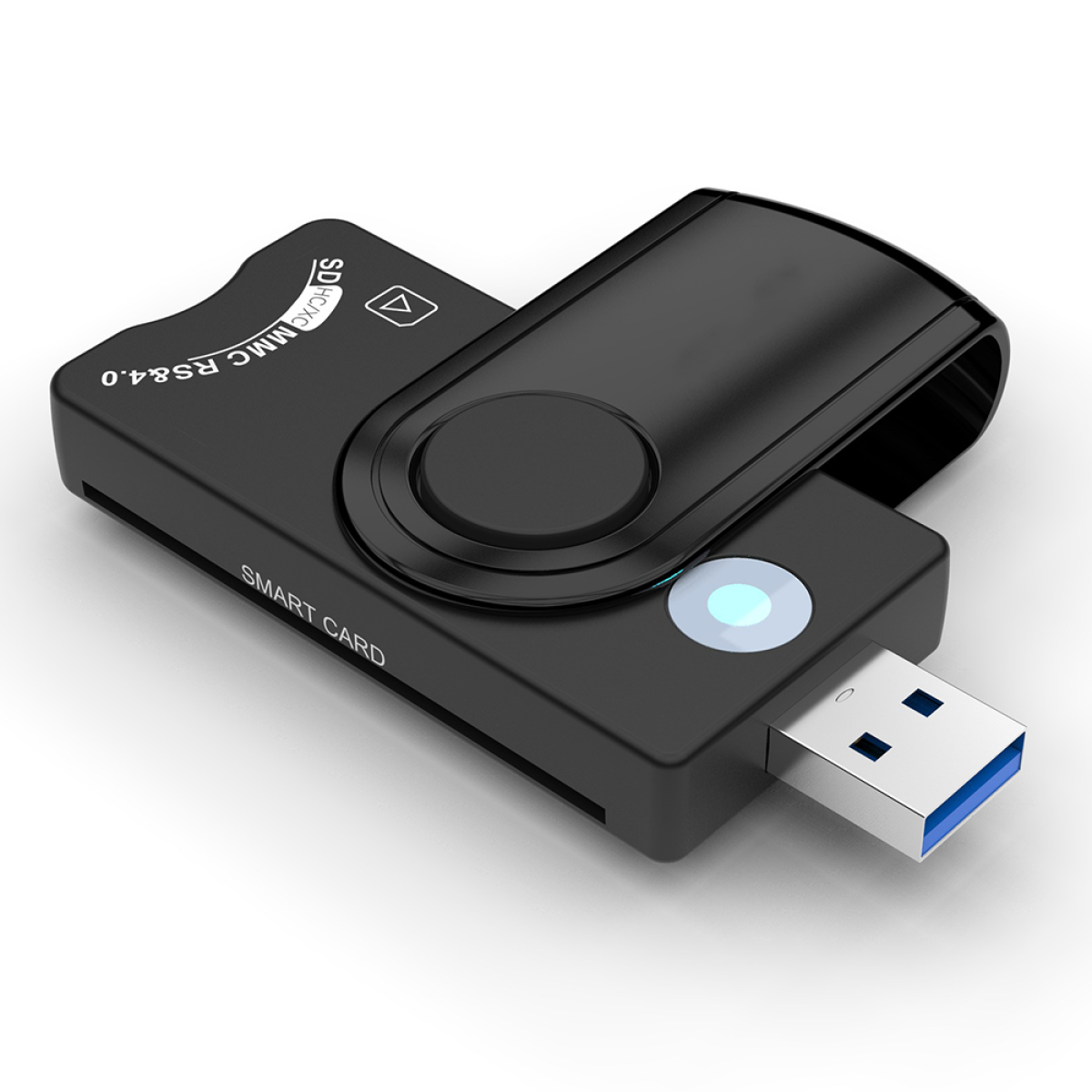 Schwarzer Smartcard-Reader mit USB-Anschluss und schwarzer oberer Abdeckung.