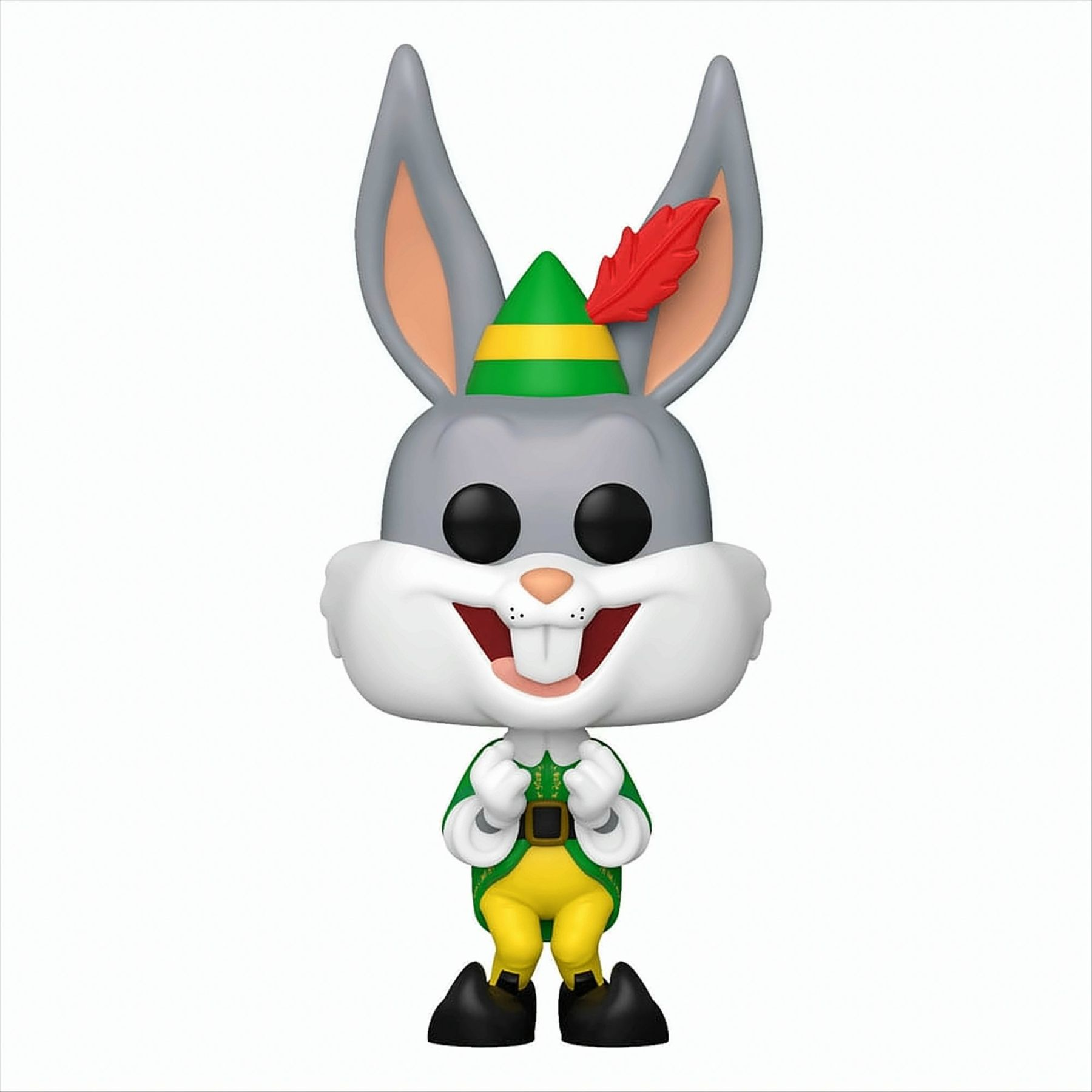 Eine Bugs Bunny Figur in einem grünen Elfen-Outfit mit einer roten Feder auf dem Hut.