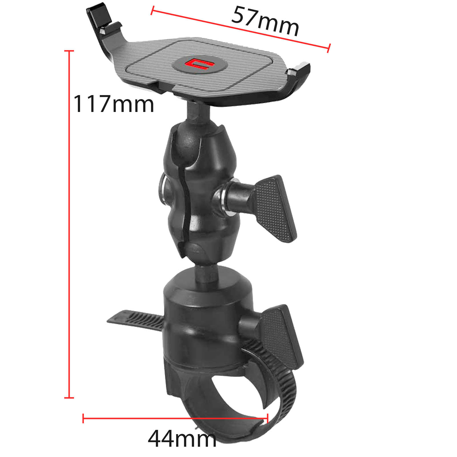 Soporte para teléfono negro con partes ajustables y medidas: 117 mm, 57 mm y 44 mm.