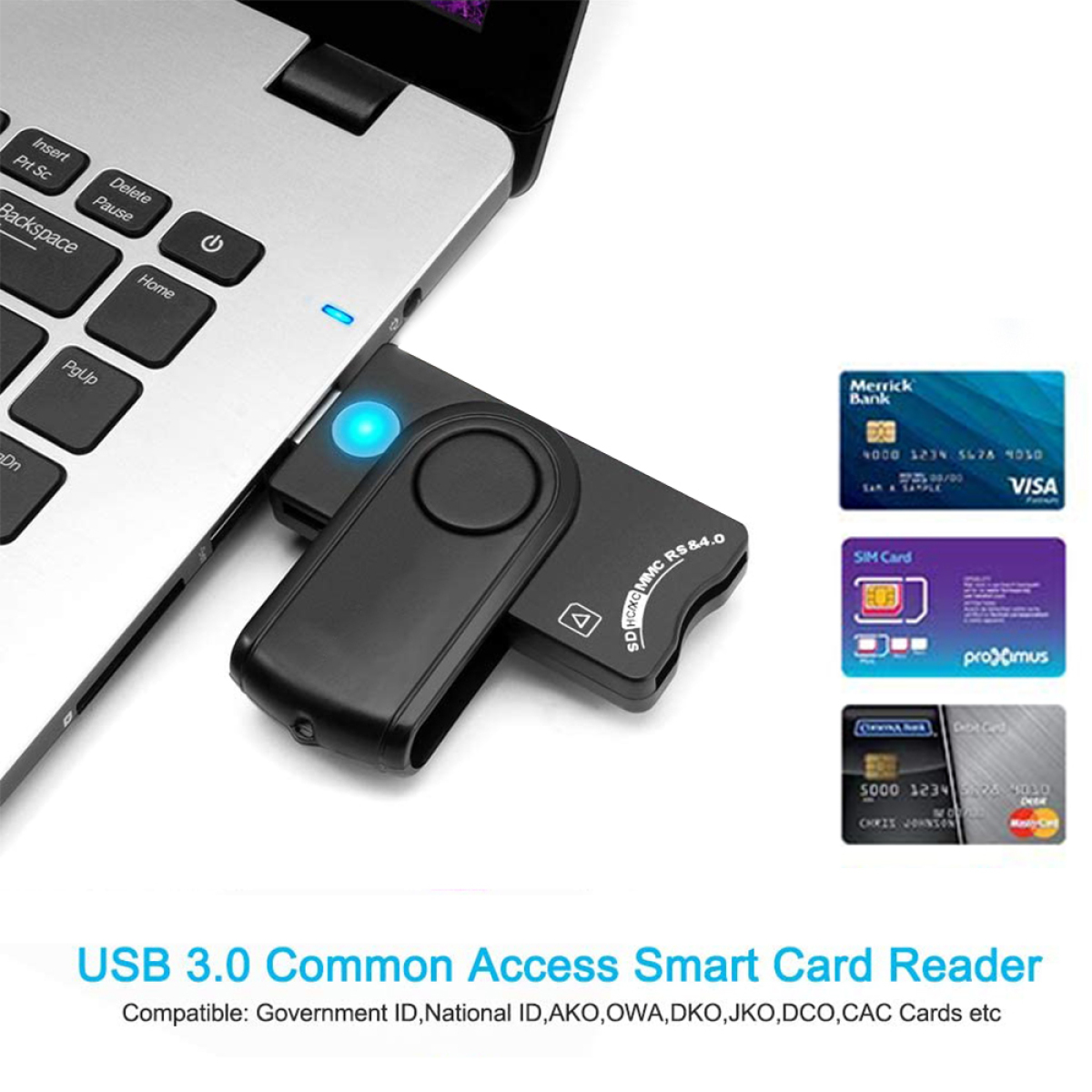 Ein USB 3.0 Smartcard-Lesegerät, das an einen Laptop angeschlossen ist, mit Kreditkarten und einer SIM-Karte daneben.