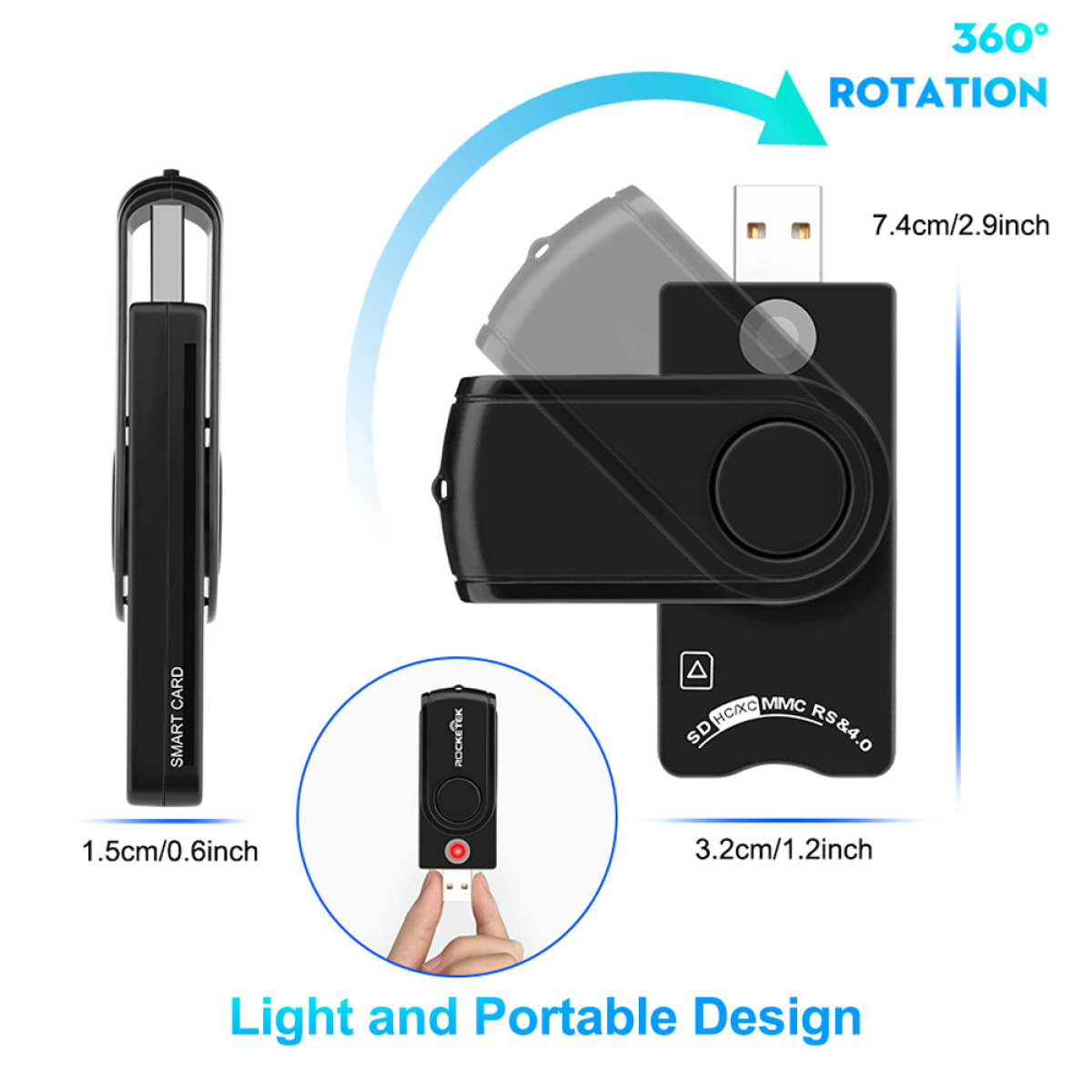 Ein schwarzer USB-C-zu-SD-Kartenleser. Er hat einen USB-C- und einen SD-Kartensteckplatz. Leichtes Design.