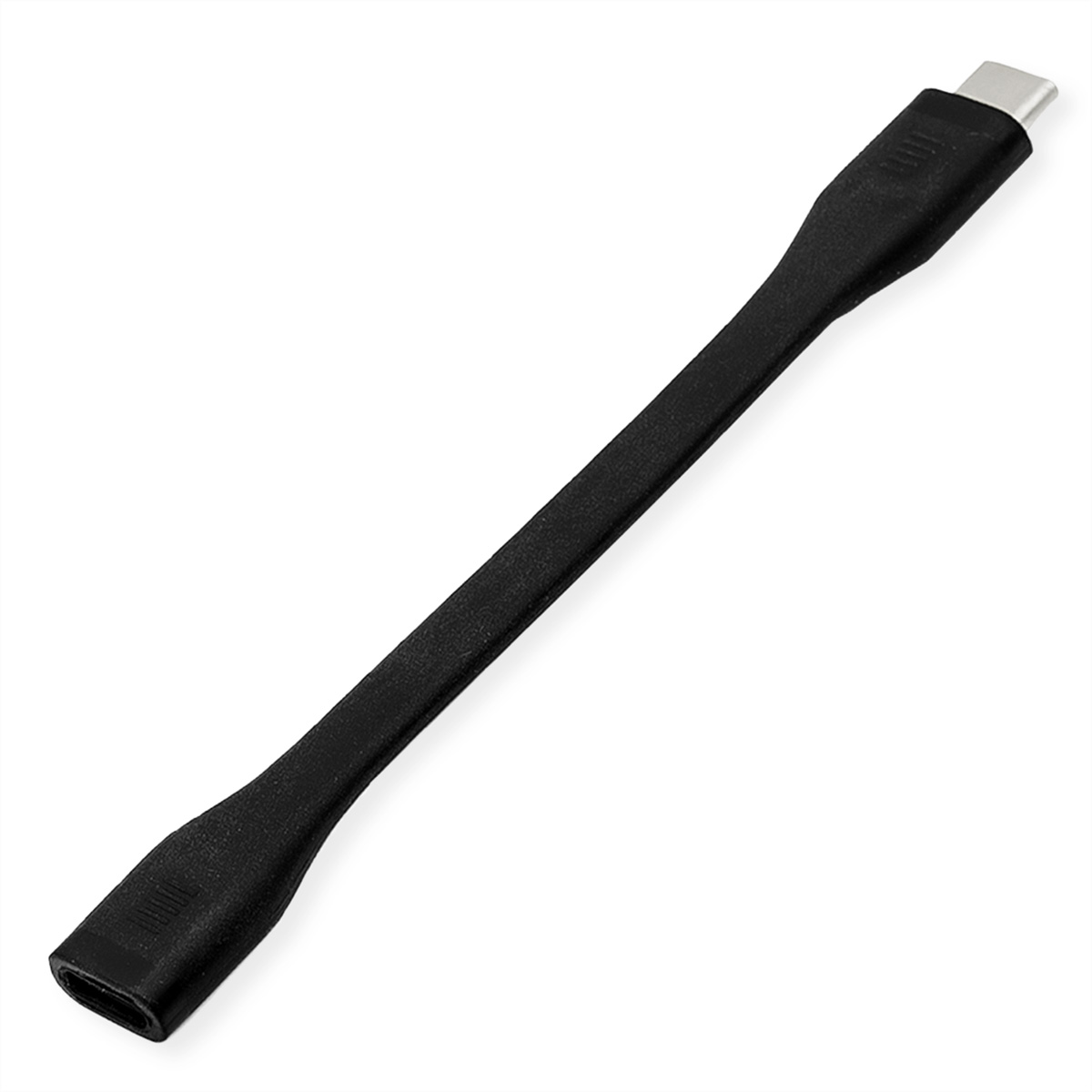 Zwarte USB-C naar USB-C kabel. Het is een zwarte kabel met een USB-C connector aan beide uiteinden.