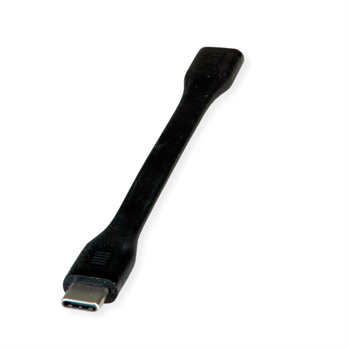 Zwarte USB-C naar USB-C kabeladapter, schuin, op witte achtergrond. Eenvoudig, recht.