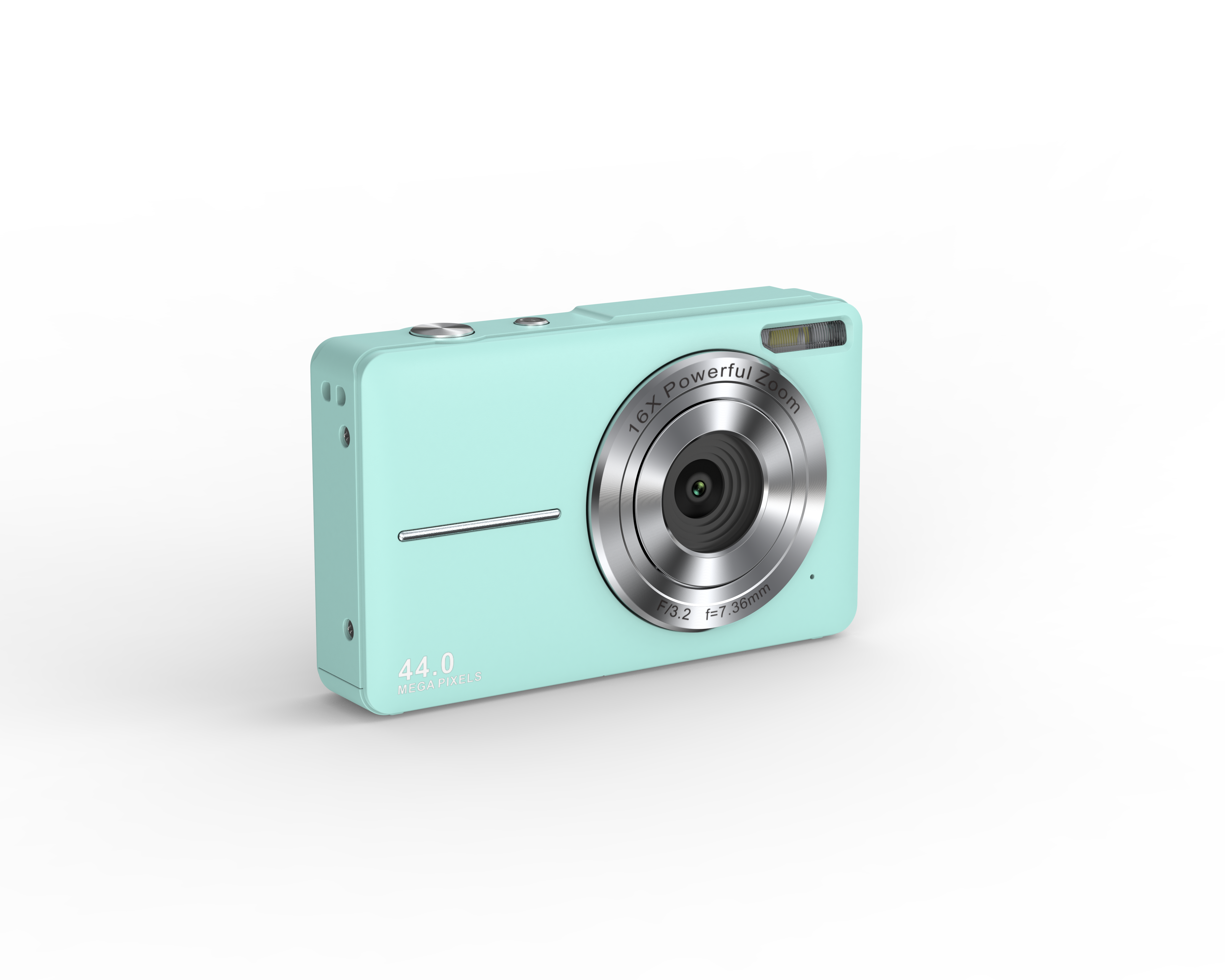 Miętowa cyfrowa kamera z srebrnym obiektywem, przyciskami i lampą błyskową.