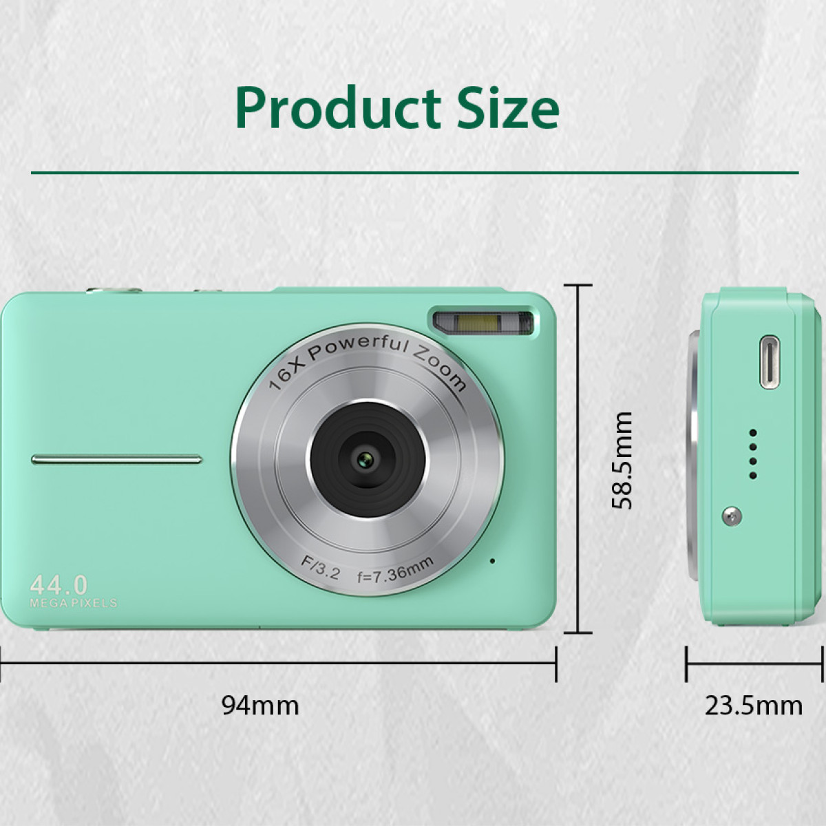Miętowy aparat. Wymiary: 94mm x 58.5mm x 23.5mm. Tekst: 'Rozmiar produktu'.