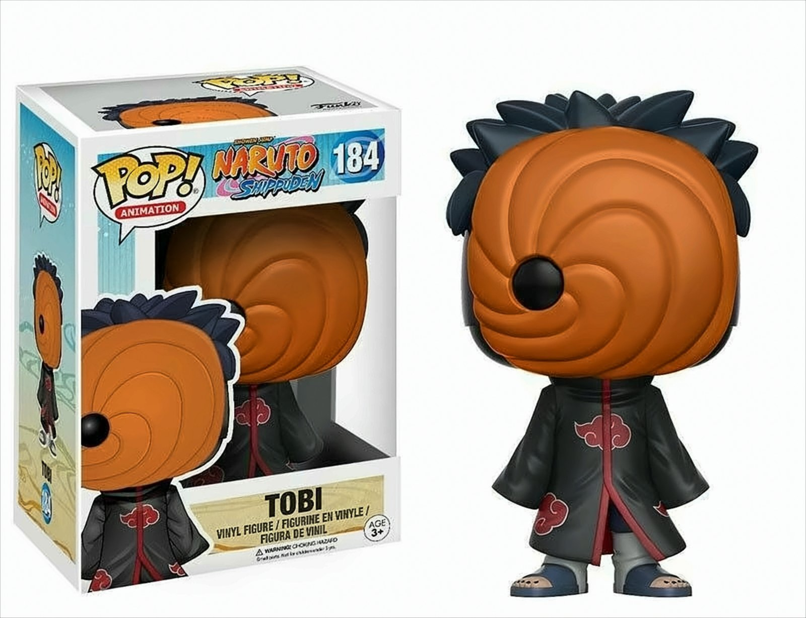 Eine Funko Pop Figur von Tobi aus Naruto. Die Figur ist orange und schwarz. Die Box ist weiß und blau.
