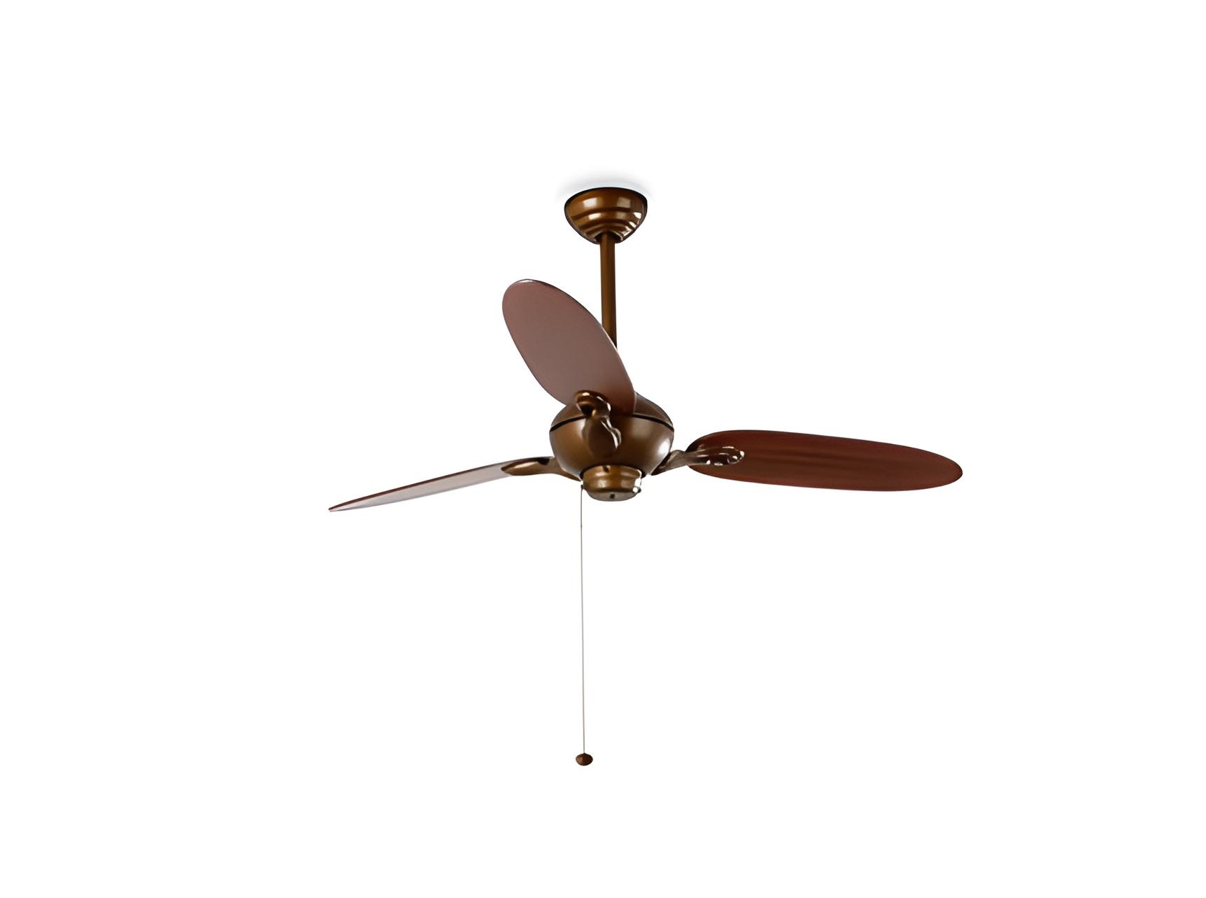 Ein brauner Deckenventilator mit zwei Flügeln und einer Zugkordel. Der Hintergrund ist weiß.