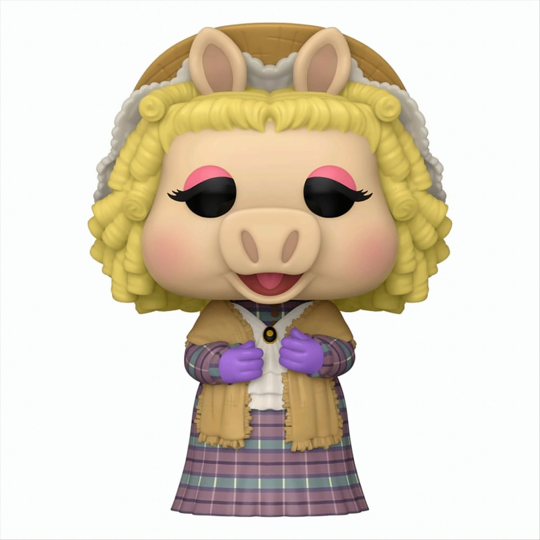 Figura giocattolo di Miss Piggy con vestito e cappello, sorridente e in posa.