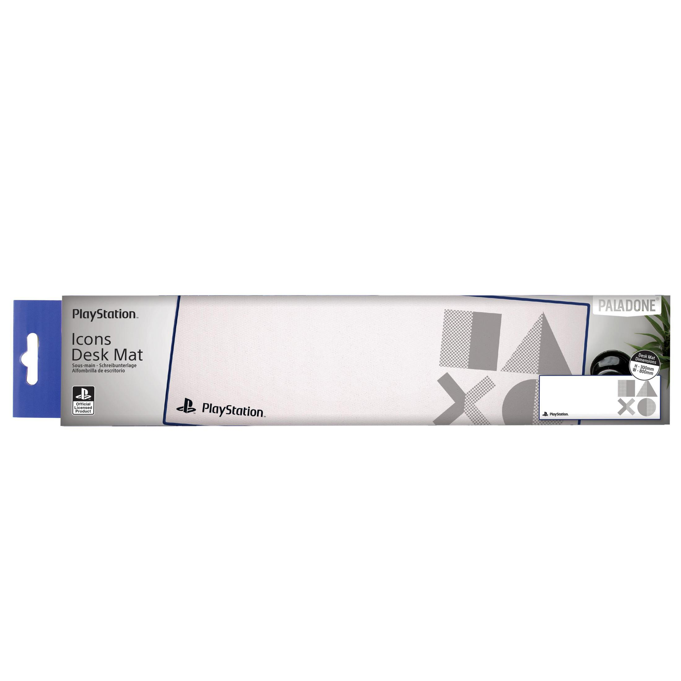 Mata na biurko PlayStation Icons w pudełku. Biała mata z logo PlayStation. Niebiesko-białe opakowanie.