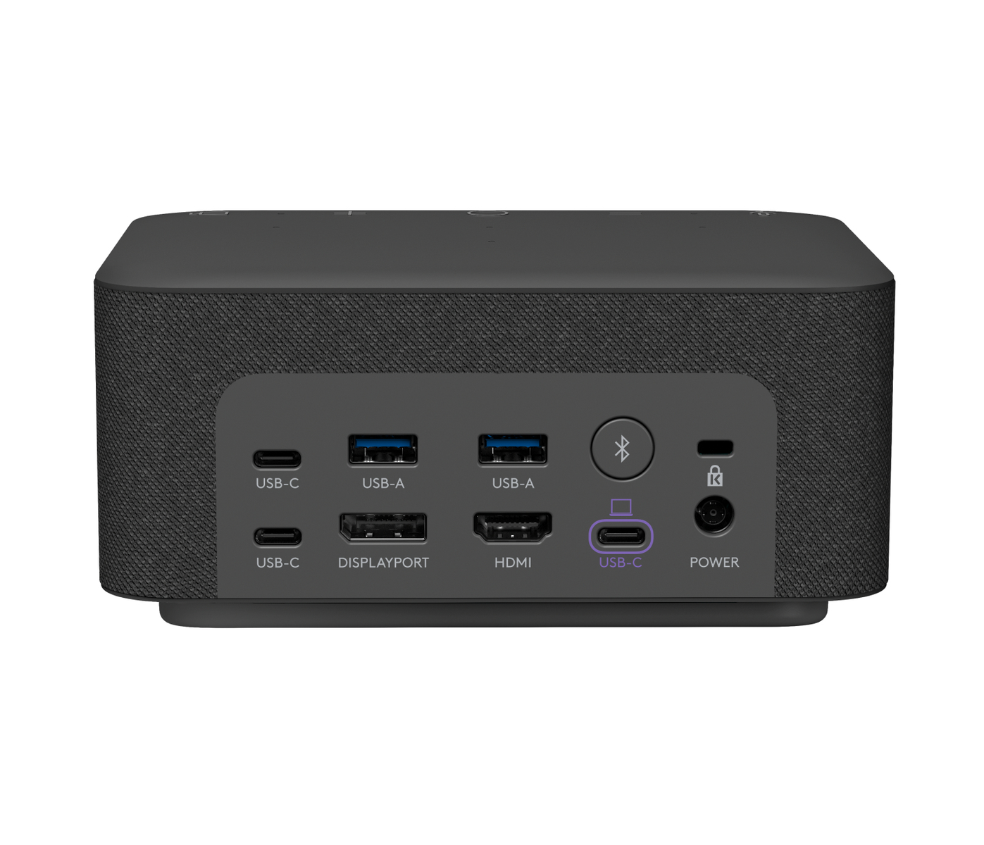 Dispositivo negro con varios puertos en la parte trasera. USB-C, USB-A, DisplayPort, HDMI y Power están etiquetados.