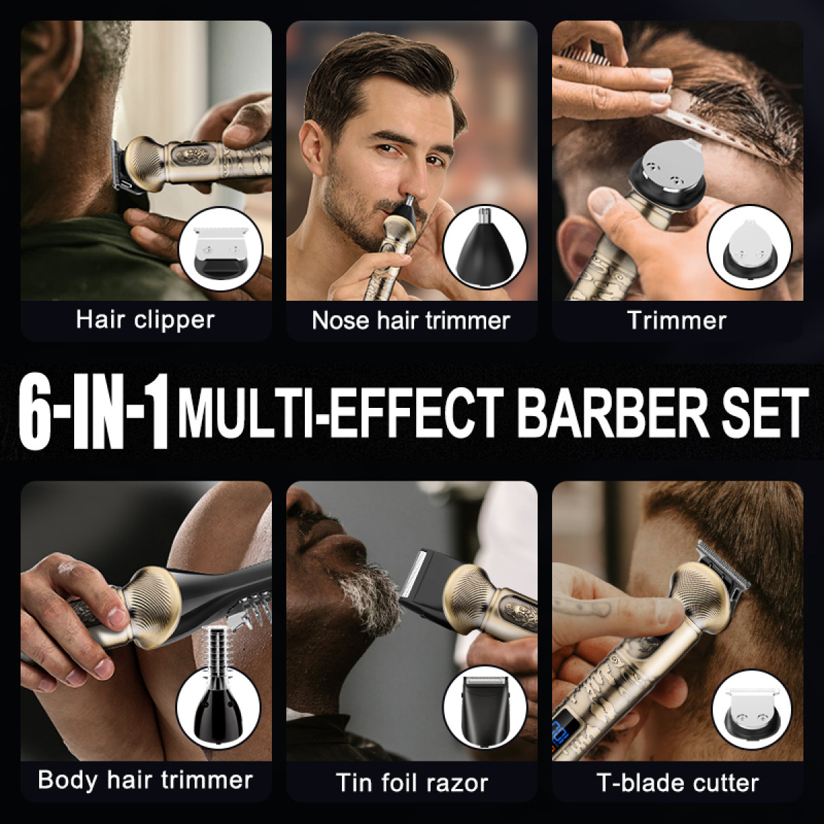 Kolaż zestawu fryzjerskiego 6 w 1: maszynka do włosów, trymer do nosa, trymer, włosy na ciele, golarka foliowa, trymer T-blade.