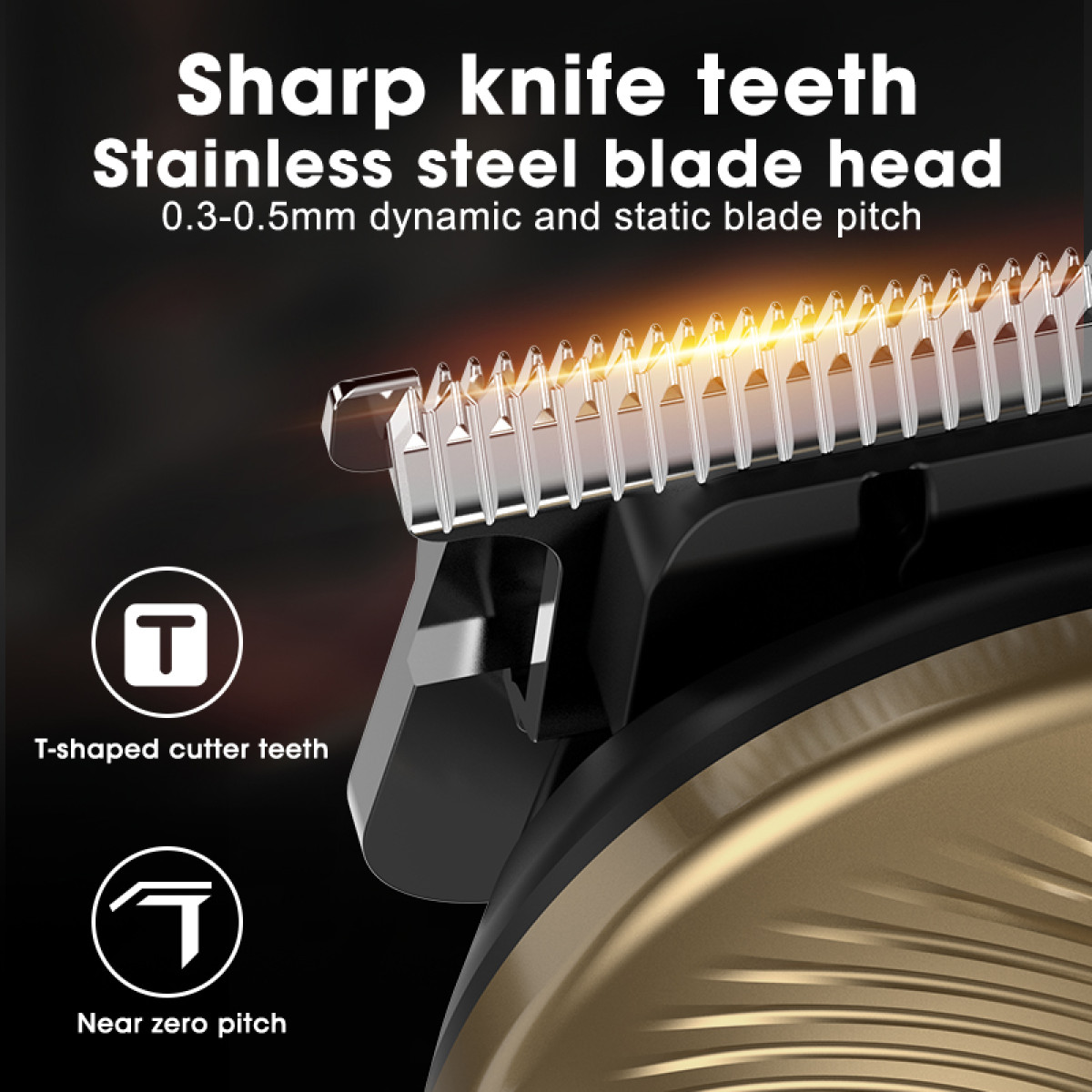 Zbliżenie ostrza srebrno-czarnej maszynki do włosów. Widoczny tekst o cechach ostrza.