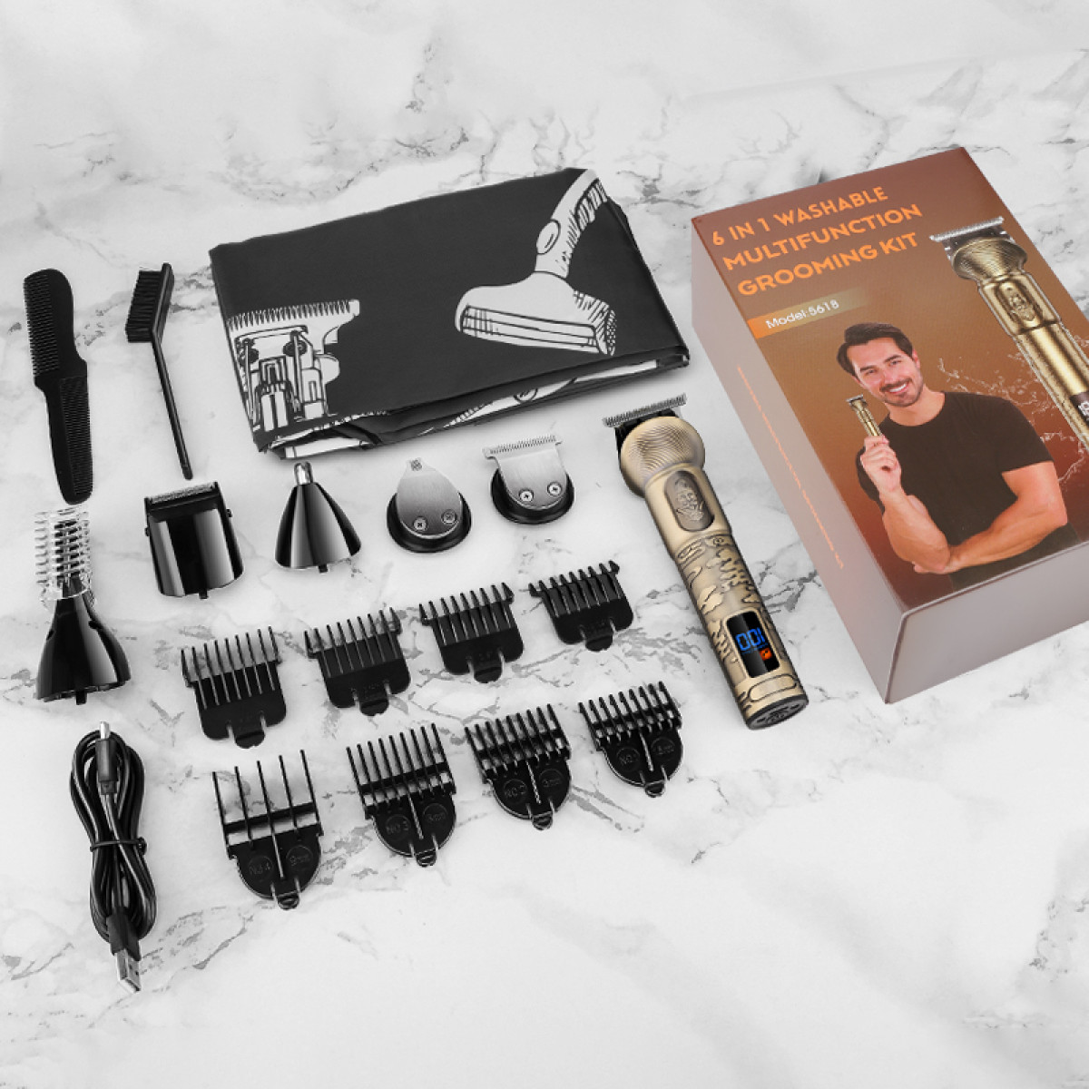 Zestaw do pielęgnacji z wieloma nasadkami, grzebieniem, szczotką i ładowarką na marmurowym tle.