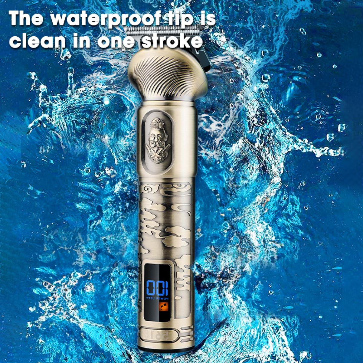 Złota golarka elektryczna, z niebieskim wyświetlaczem i tłem z rozpryskami wody.