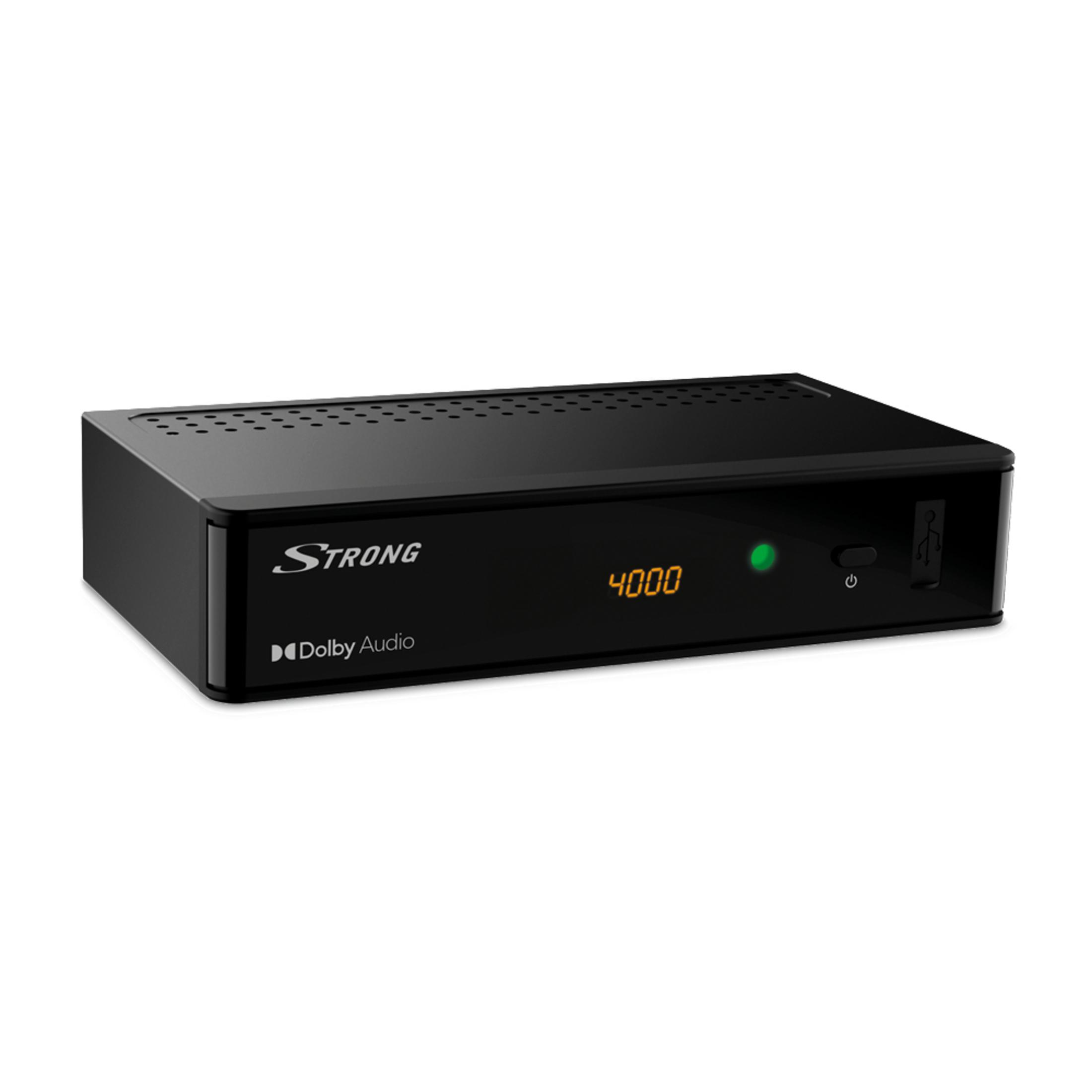 Schwarzer digitaler Receiver mit dem Text STRONG. Der Hintergrund ist weiß.