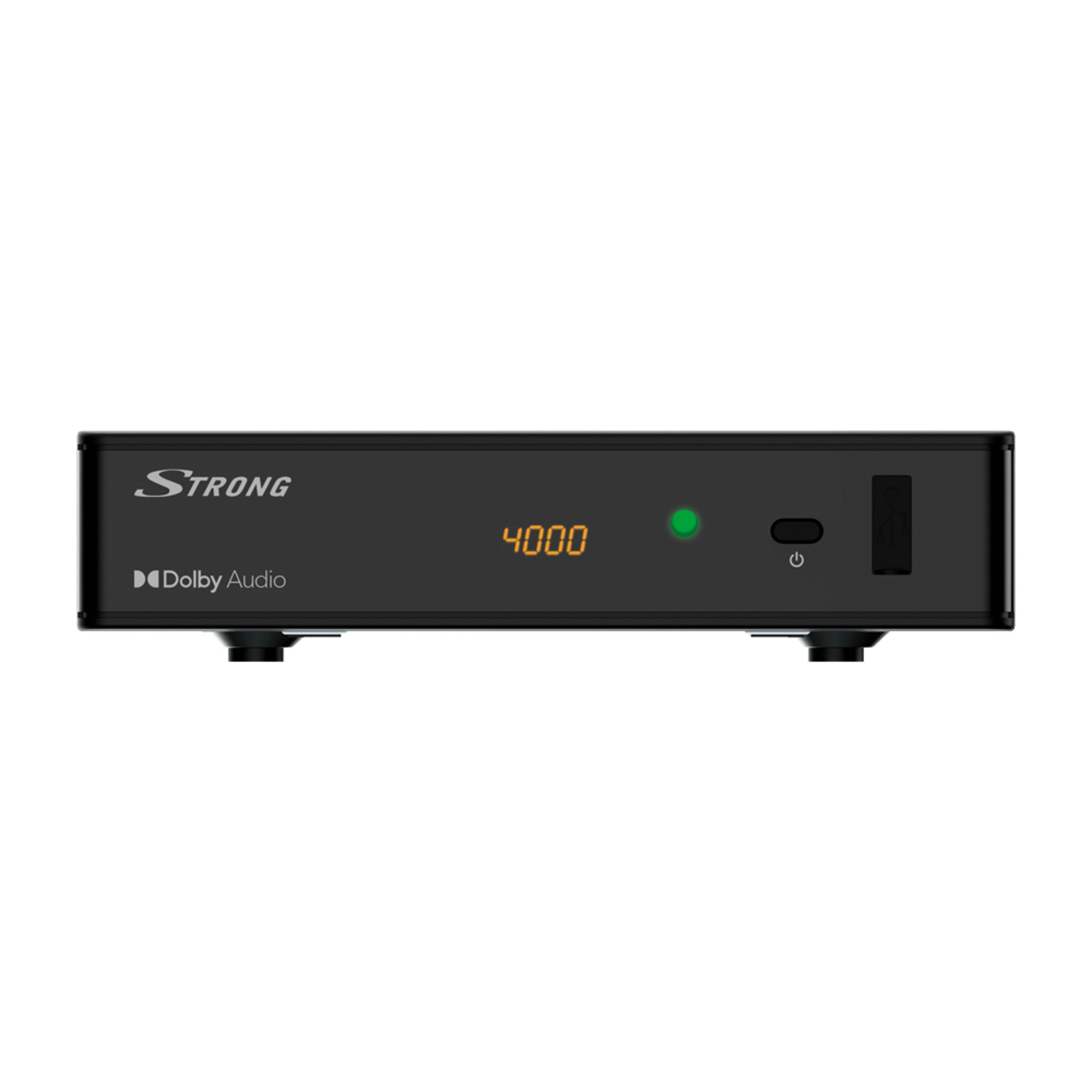 Schwarzer Strong Digitalreceiver mit Display, das 4000 anzeigt, und grünem Power-Licht.