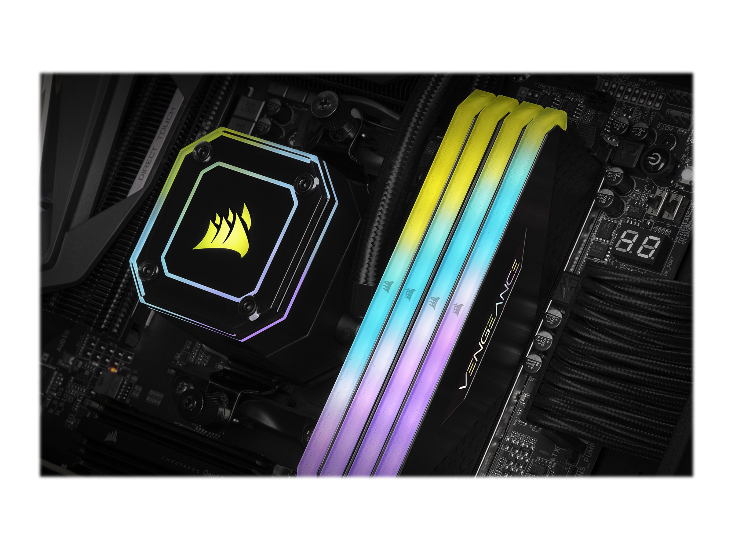 Pamięci RAM komputera z kolorowymi diodami LED, na płycie głównej.