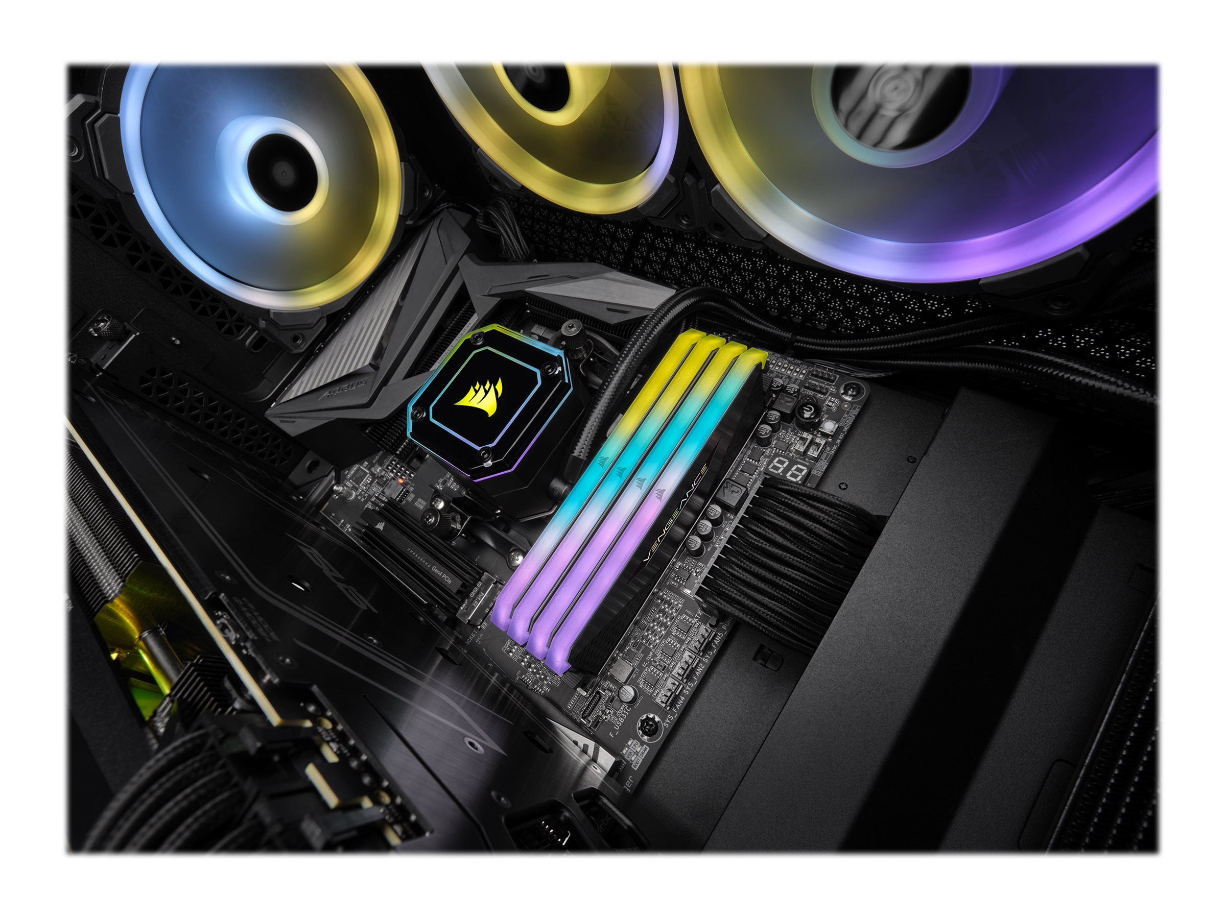 Części komputera, płyta główna, kości RAM z kolorowymi światłami i wiele wentylatorów.