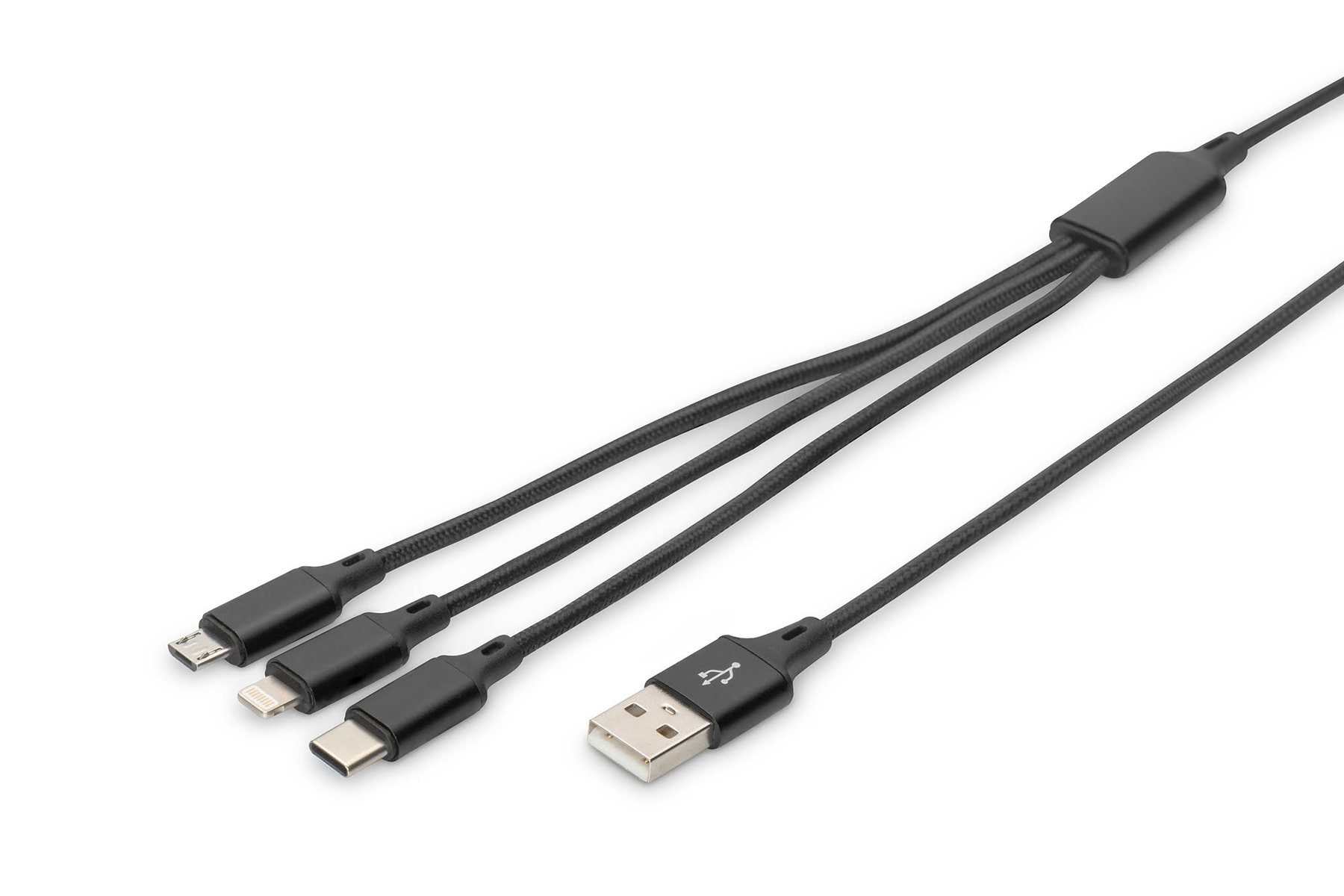 Cavo di ricarica nero con connettori USB, micro-USB e USB-C.
