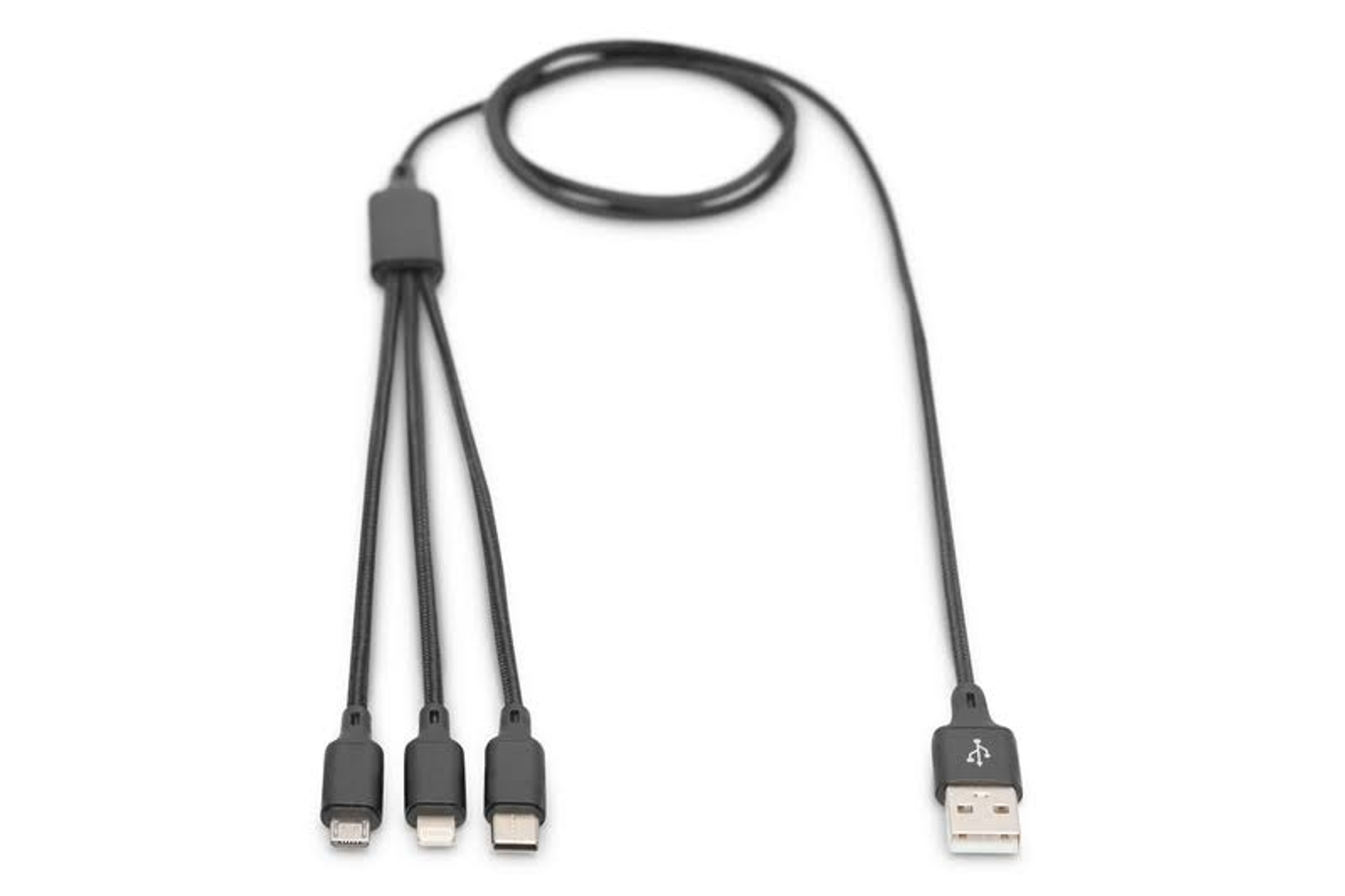 Cavo multiplo nero con tre connettori: micro-USB, Lightning e USB-C, su sfondo bianco.