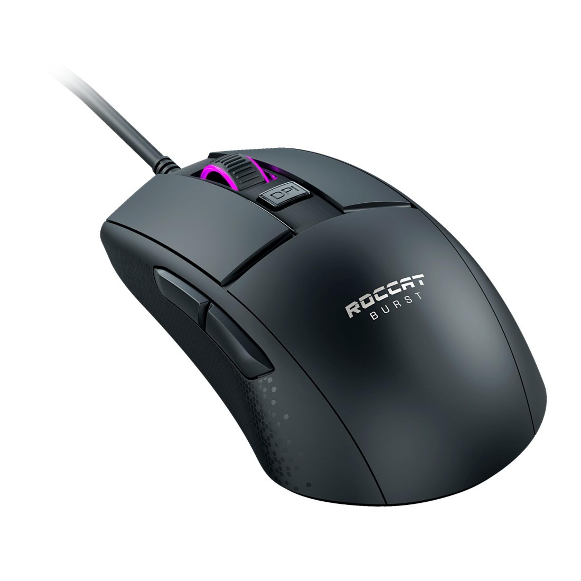 Mouse da gaming Roccat Burst nero. Ha un pulsante DPI e una rotella di scorrimento. Il cavo è collegato.