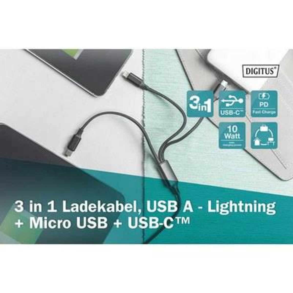 Cavo di ricarica 3 in 1 con connettori USB-A, Lightning, Micro USB e USB-C.