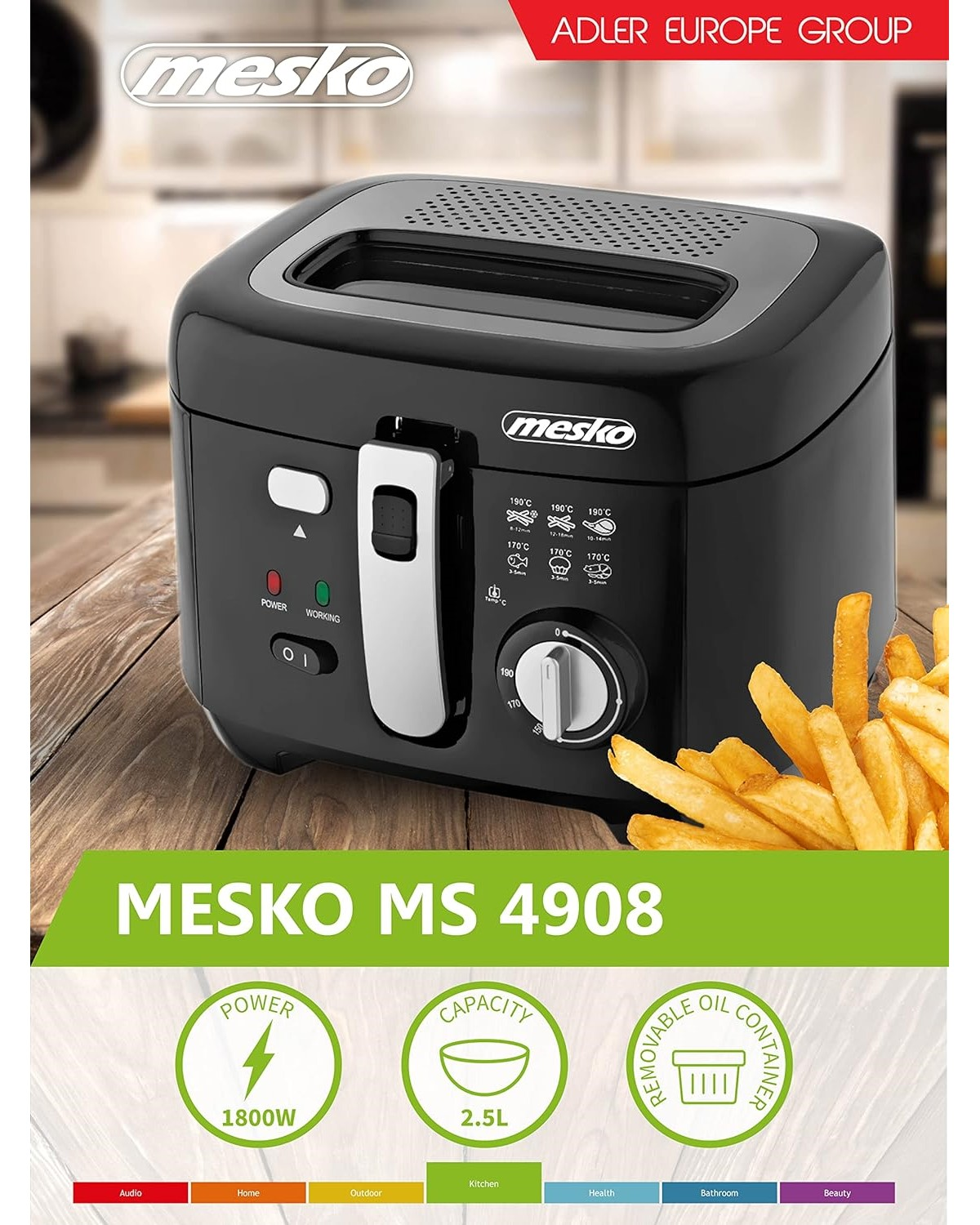 Schwarze Mesko-Fritteuse mit Pommes, Knöpfen und Textetiketten. Hintergrund mit verschwommenen Küchenartikeln.