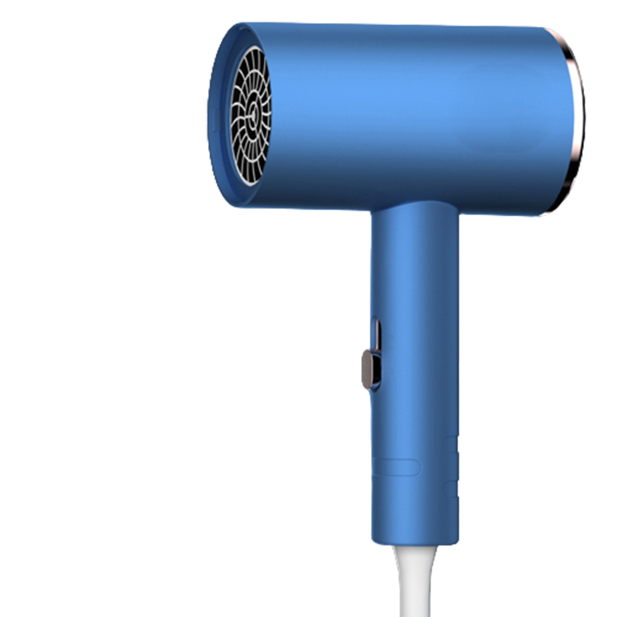 Ein blauer Haartrockner mit weißem Kabel vor schwarzem Hintergrund.