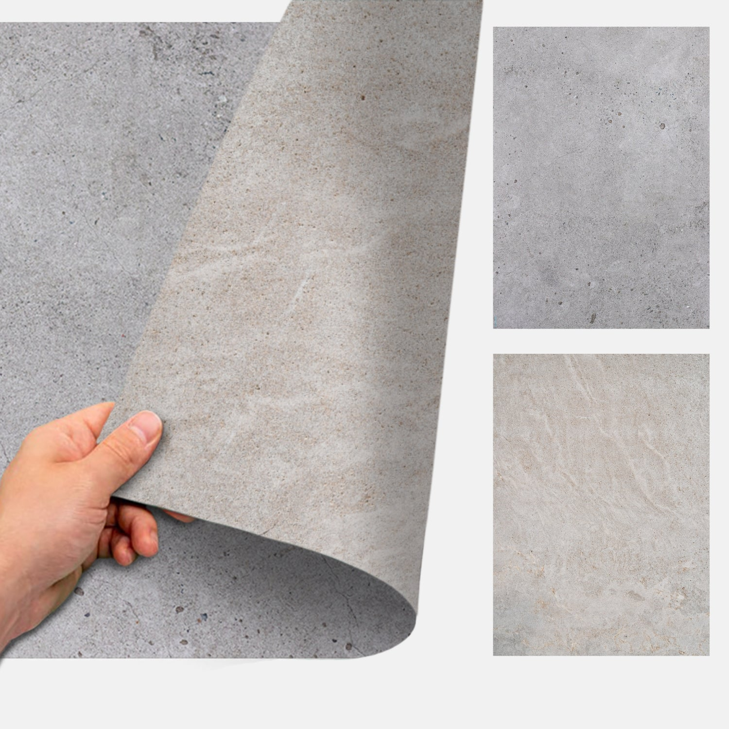 Hand hebt eine Ecke eines grauen, strukturierten Materials an. Drei Materialproben sichtbar.