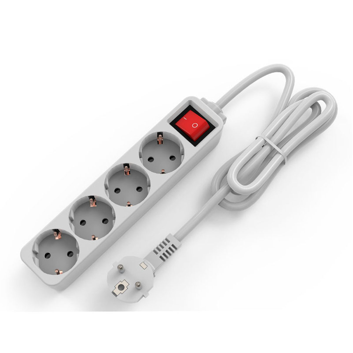 Eine graue Steckdosenleiste mit drei Steckdosen, einem Ein-/Ausschalter und einem weißen Netzkabel.