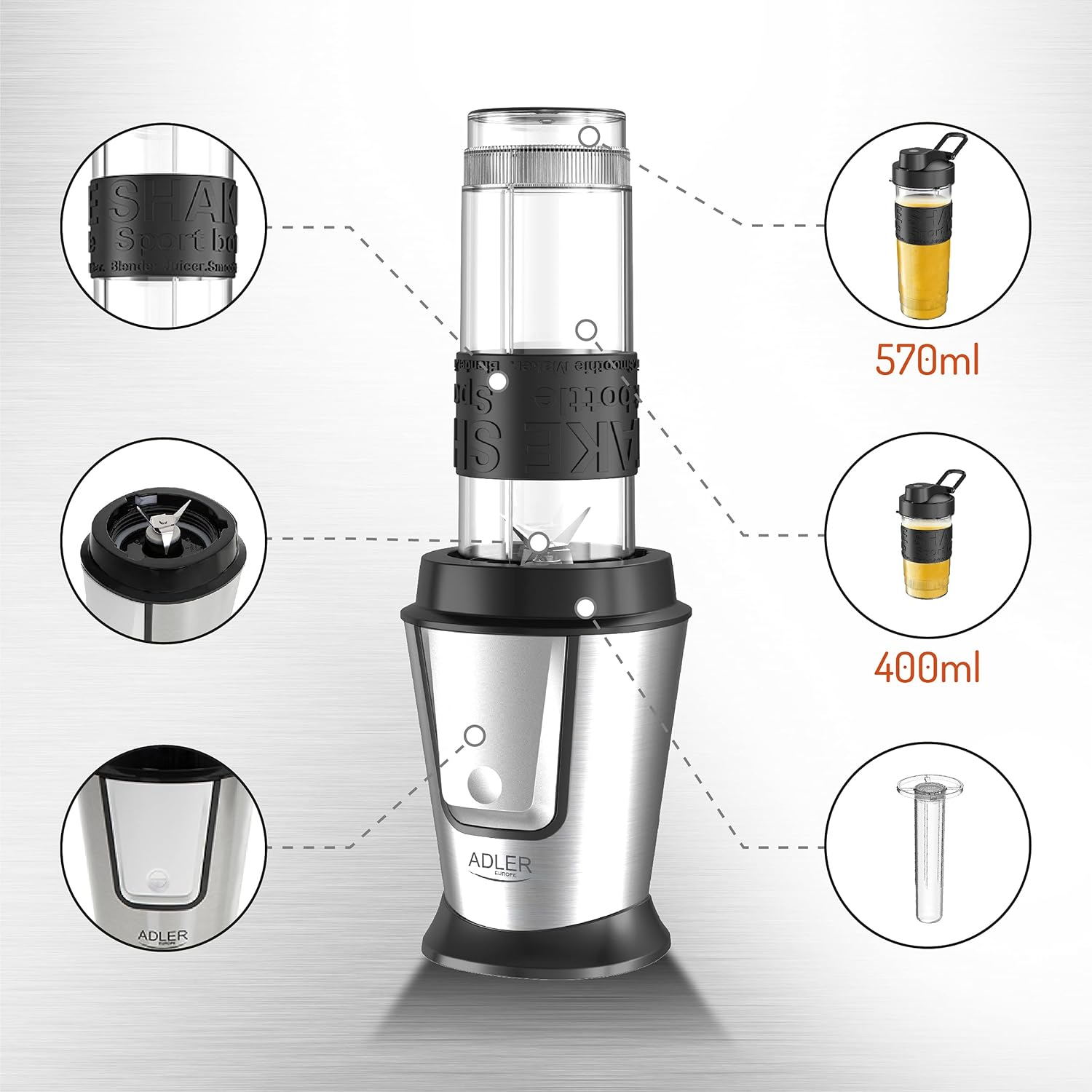 Ein Mixer mit mehreren Behältern und Teilen, mit Etiketten und silberner Basis.