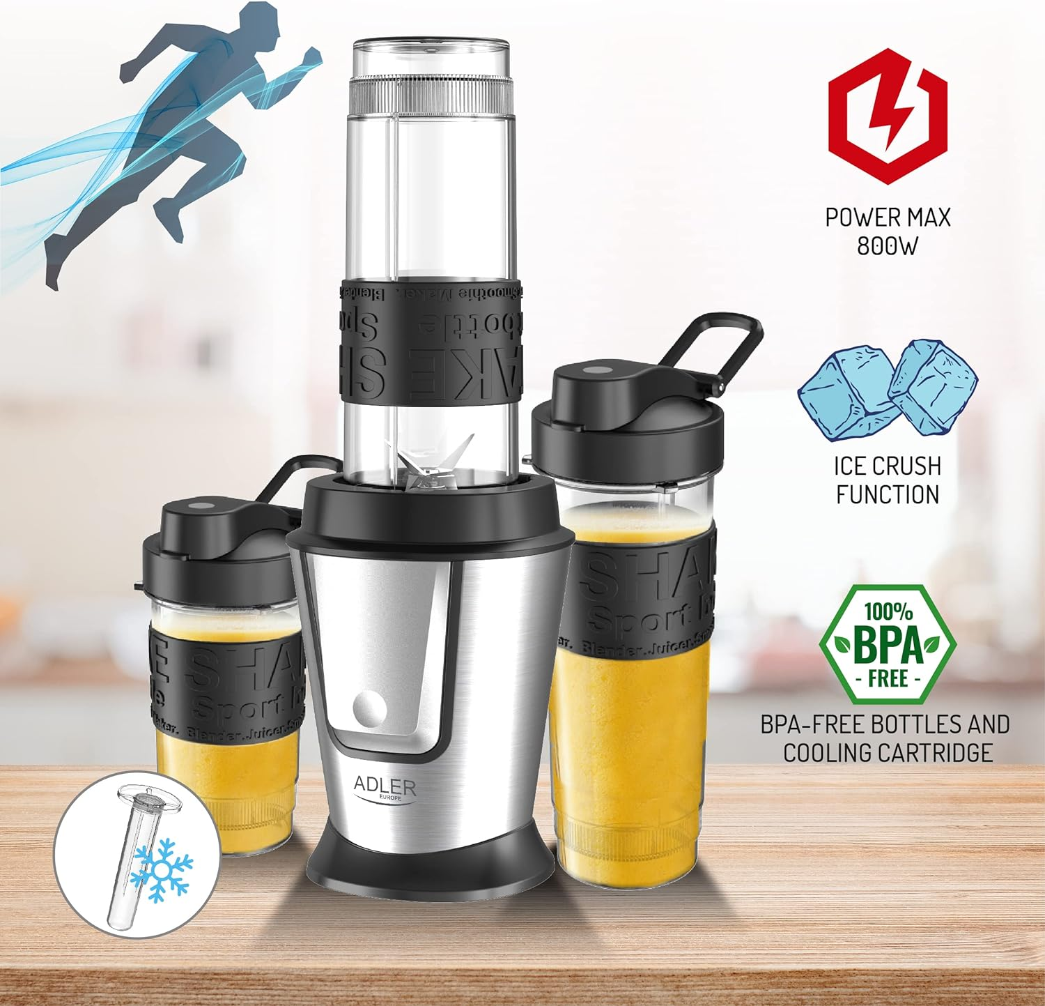Mixer mit zwei Flaschen, Person Silhouette und Eiswürfeln. Grafiken zeigen Funktionen.