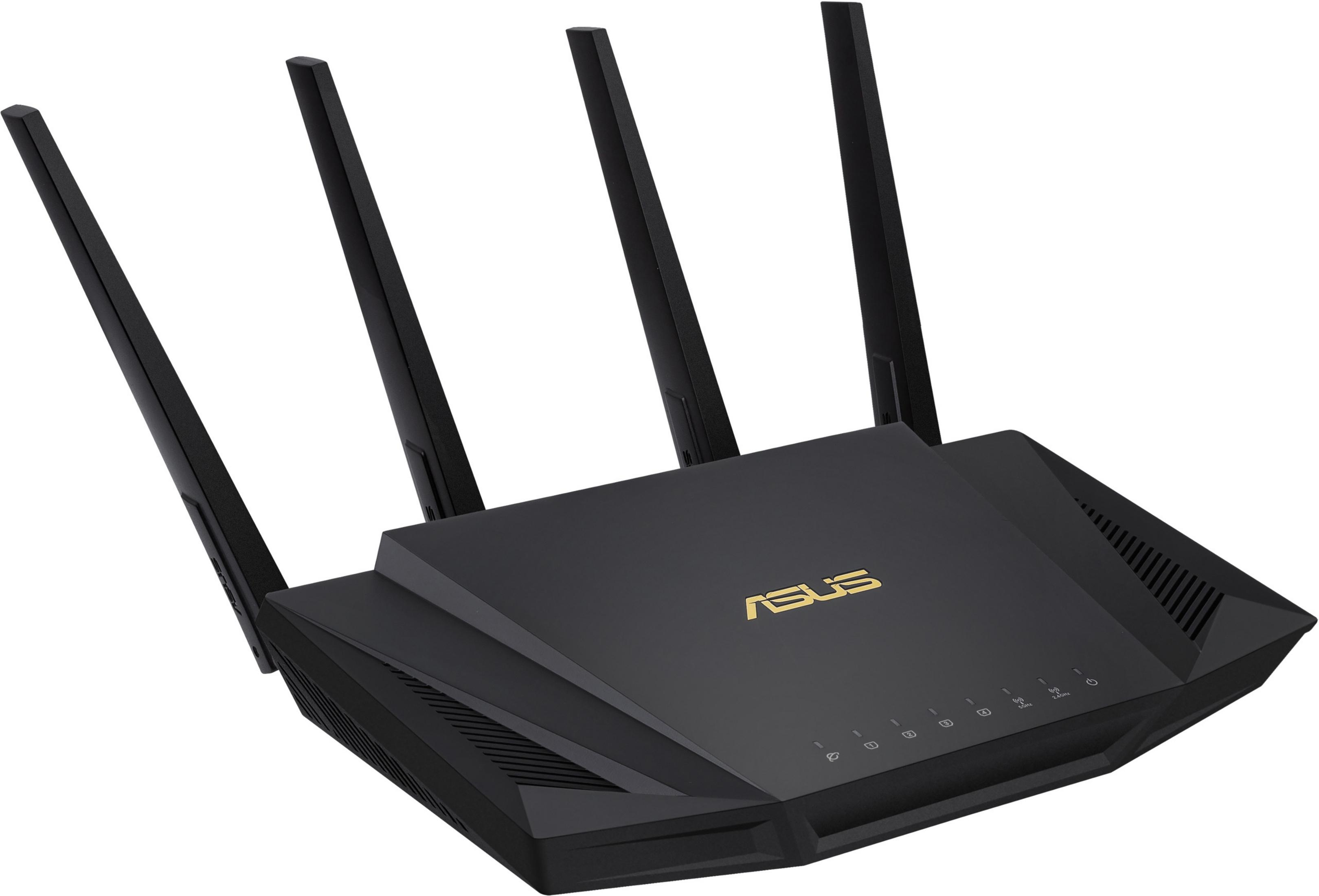 Un router ASUS negro con cuatro antenas sobre fondo blanco.