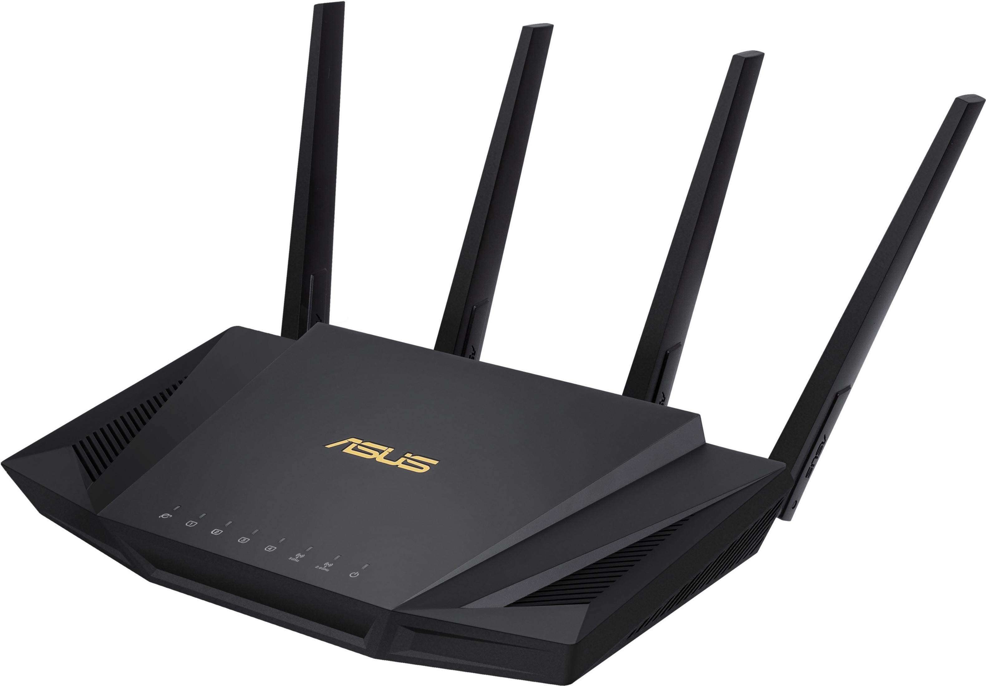 Un router ASUS negro con antenas, sobre un fondo blanco.