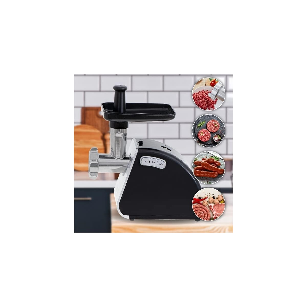 Fleischwolf mit verschiedenen Fleischvariationen. Enthält Maschine, Fleisch und Würstchen.
