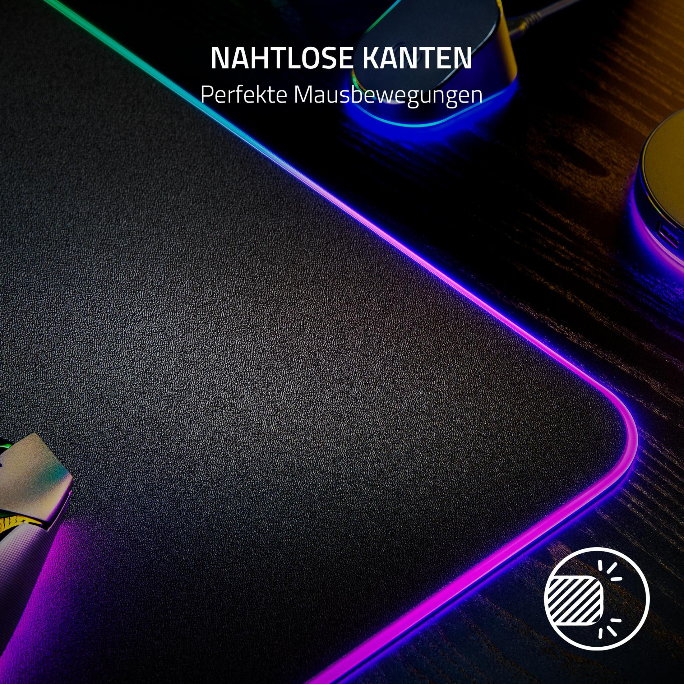 Czarna podkładka pod mysz do gier z kolorowymi diodami LED i tekstem w języku niemieckim.