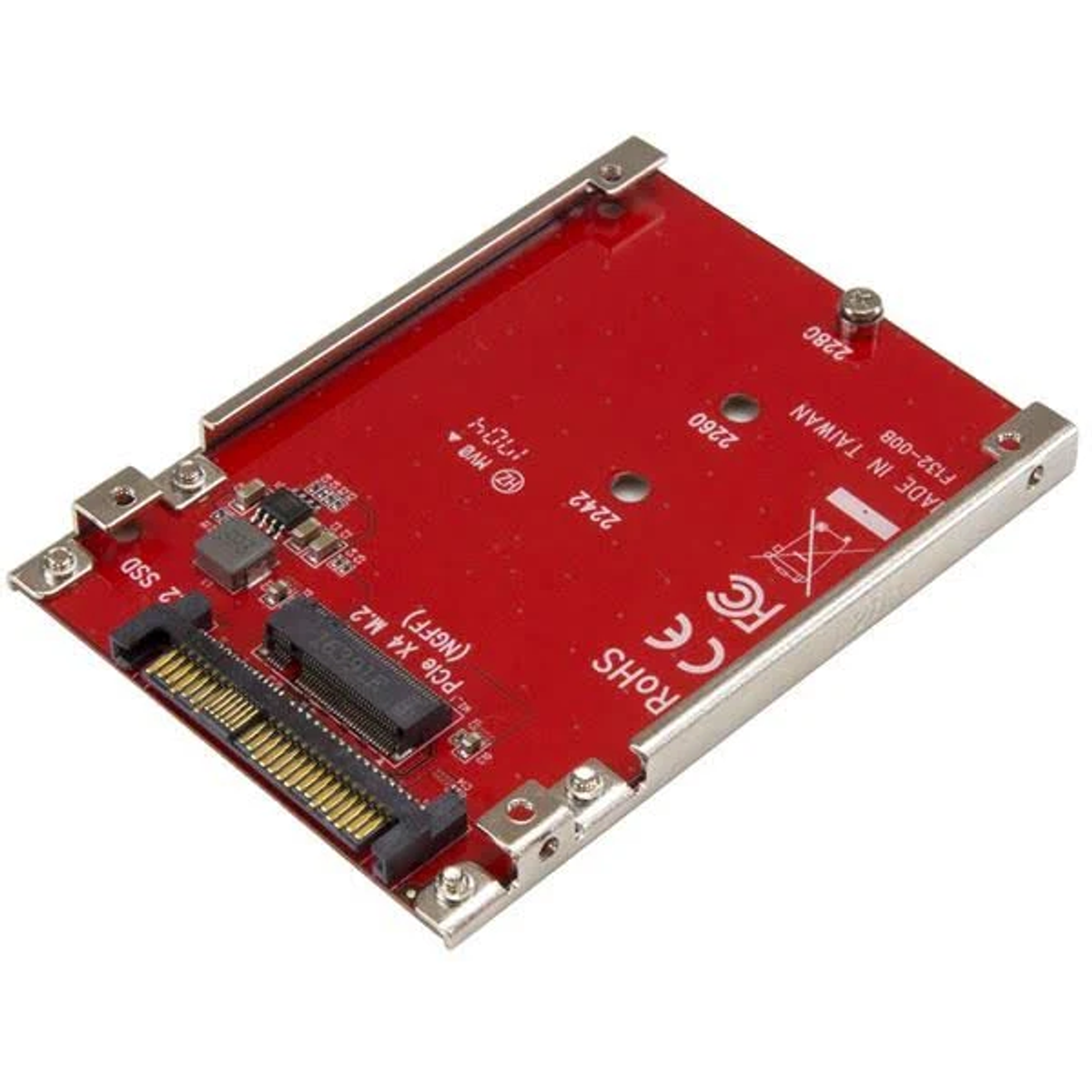 Eine rote M.2 SSD-Adapterkarte mit silbernen Metallhalterungen.