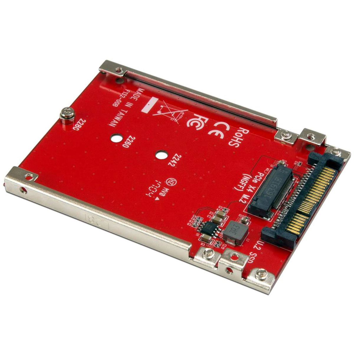 Rote Leiterplatte mit Metallgehäuse und einem Stecker. Die Platine hat elektronische Komponenten.