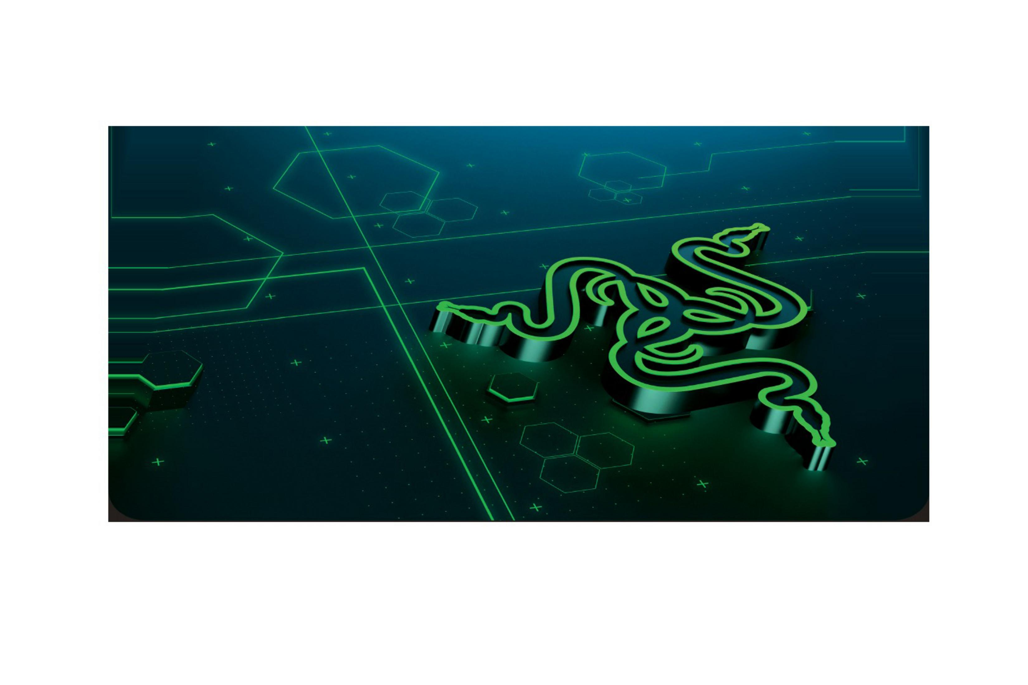 Logo Razer w kolorze zielonym na ciemnozielonej i czarnej wzorzystej powierzchni.