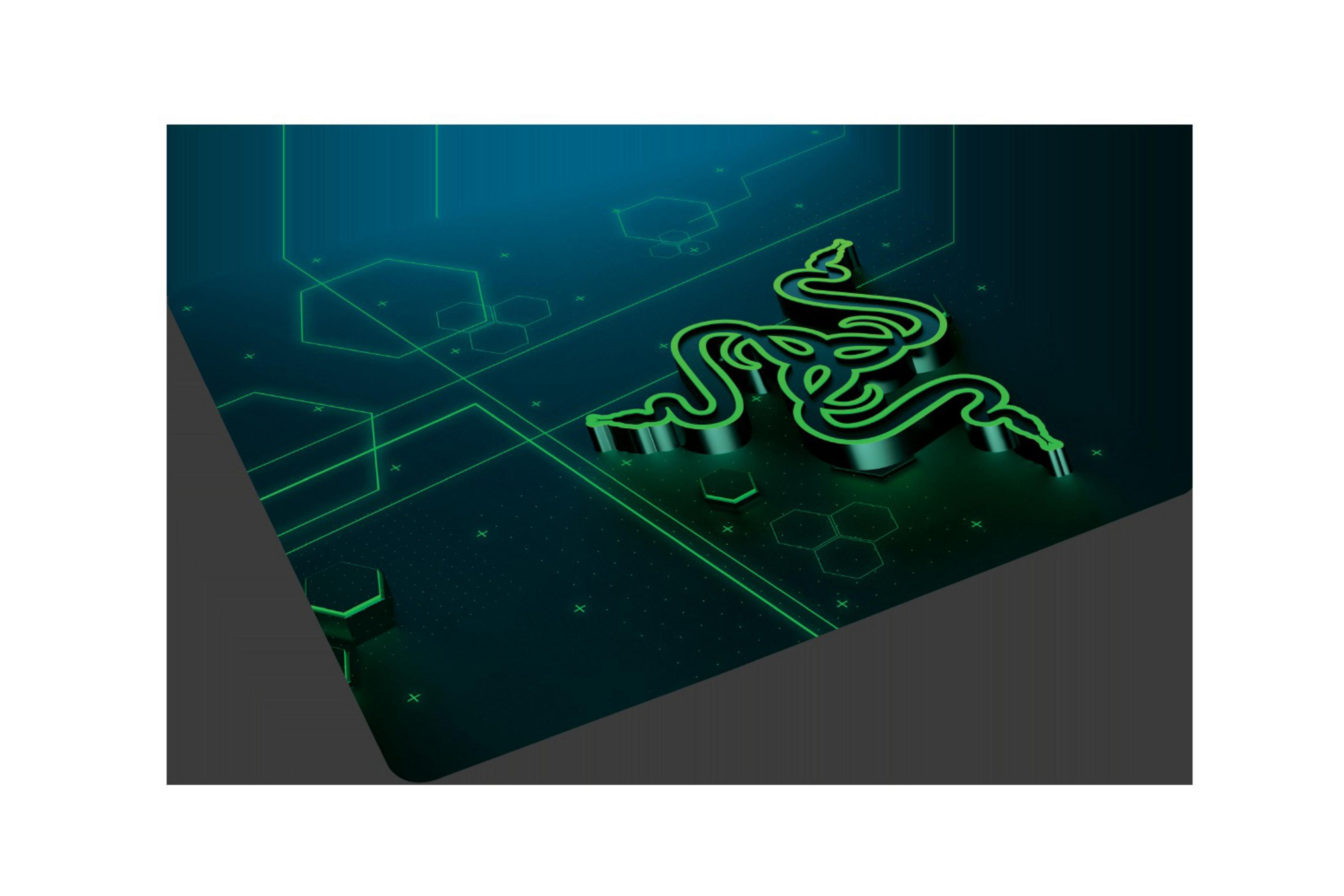 Podkładka pod mysz Razer z zielonymi liniami i zielonym logo Razer na ciemnym tle.