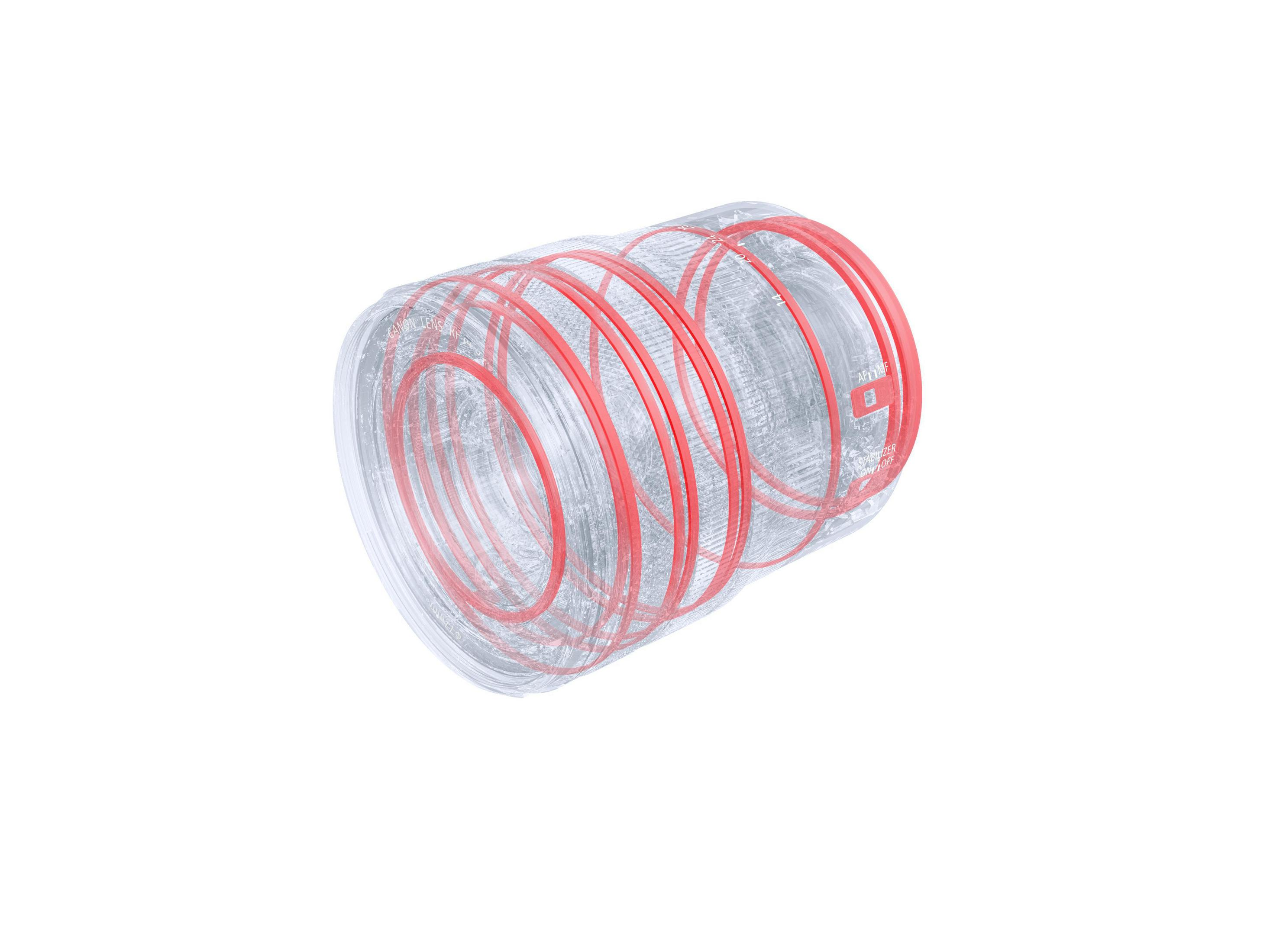 Przezroczysty, cylindryczny obiekt z czerwonymi, koncentrycznymi okręgami. Wygląda na element techniczny.