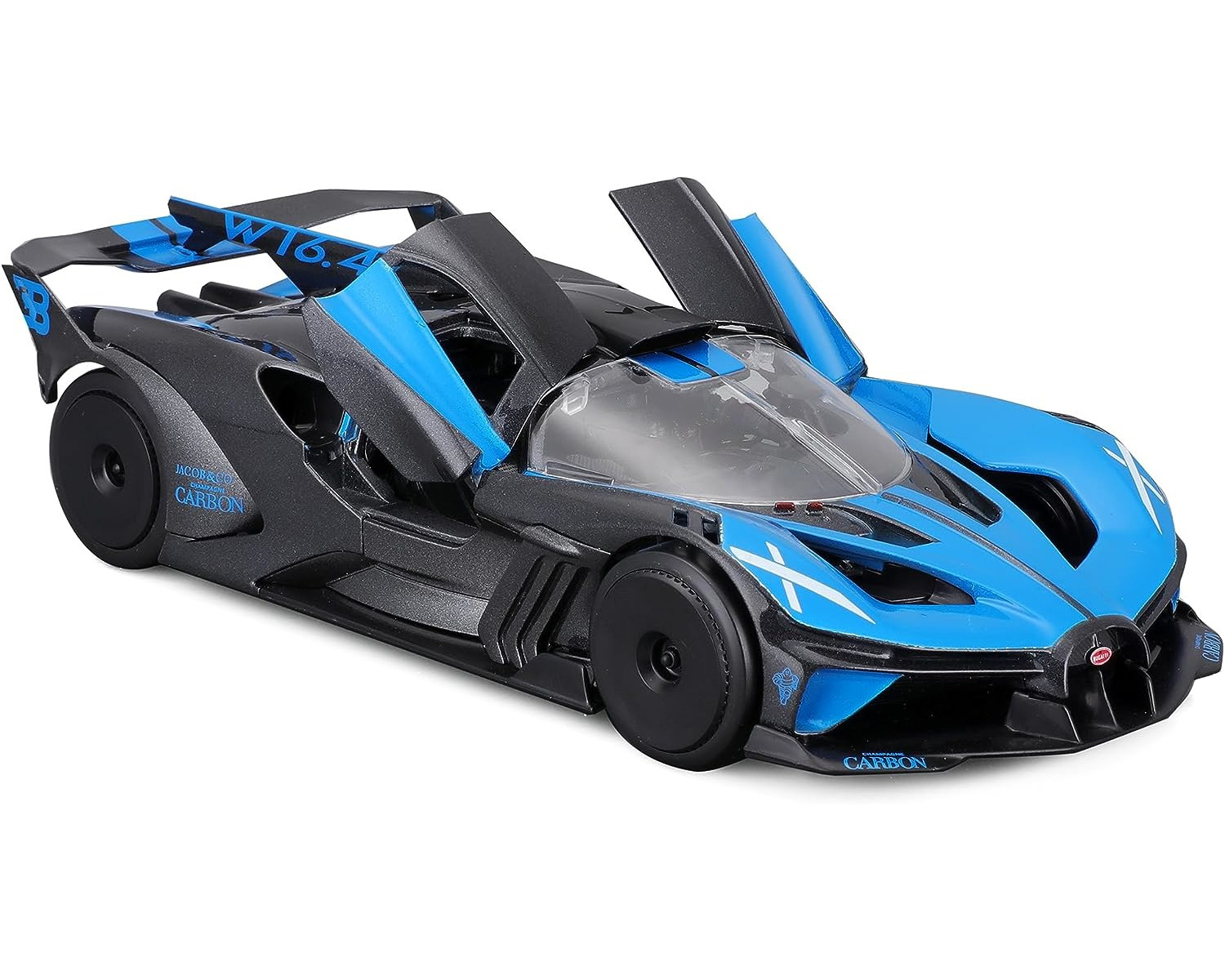 Schwarz-blaues Spielzeugauto, Bugatti, mit geöffneten Türen, auf weißer Oberfläche.