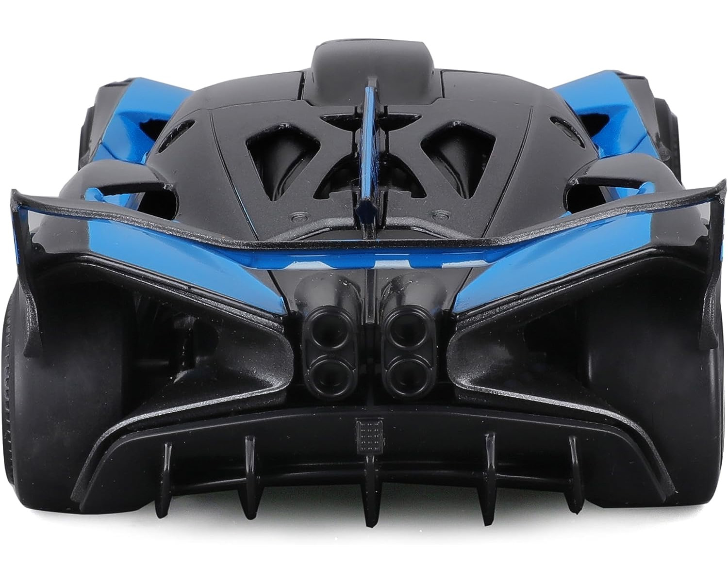 Schwarz-blaues Spielzeugauto. Rückansicht mit Auspuffrohren und Spoiler.