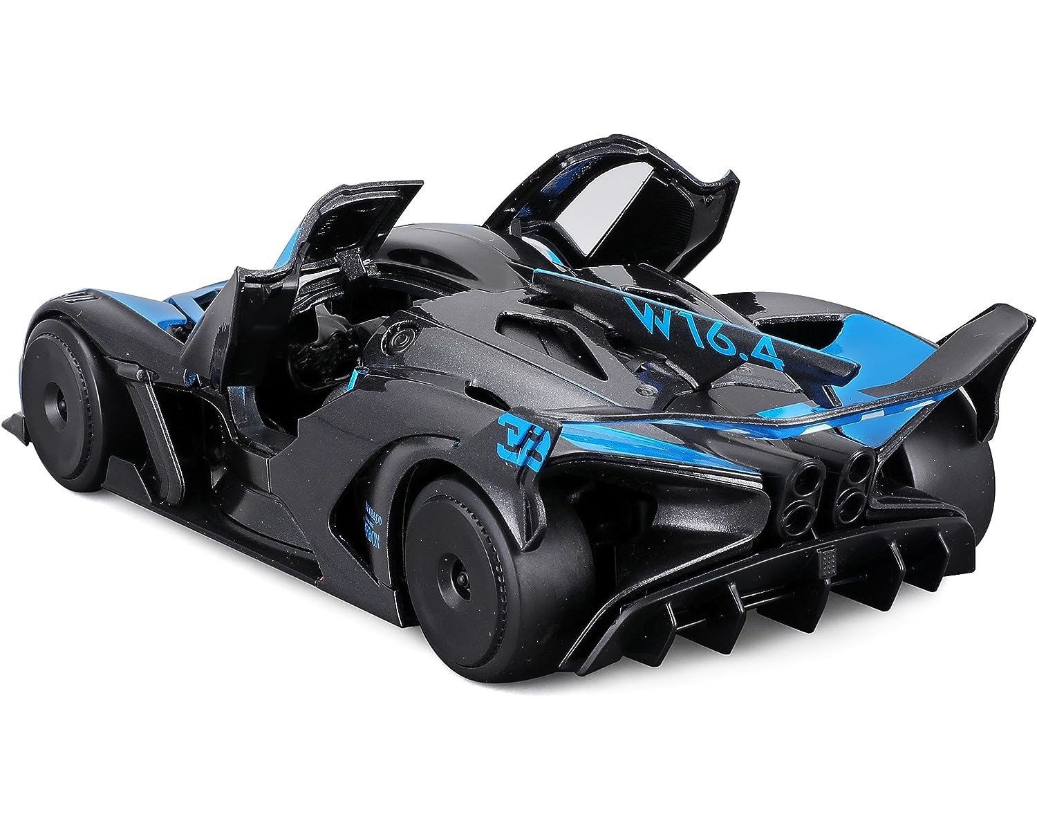 Ein schwarzes Spielzeugauto mit blauen Details, Türen offen, schräge Rückansicht. Das Auto ist ein Sportmodell.