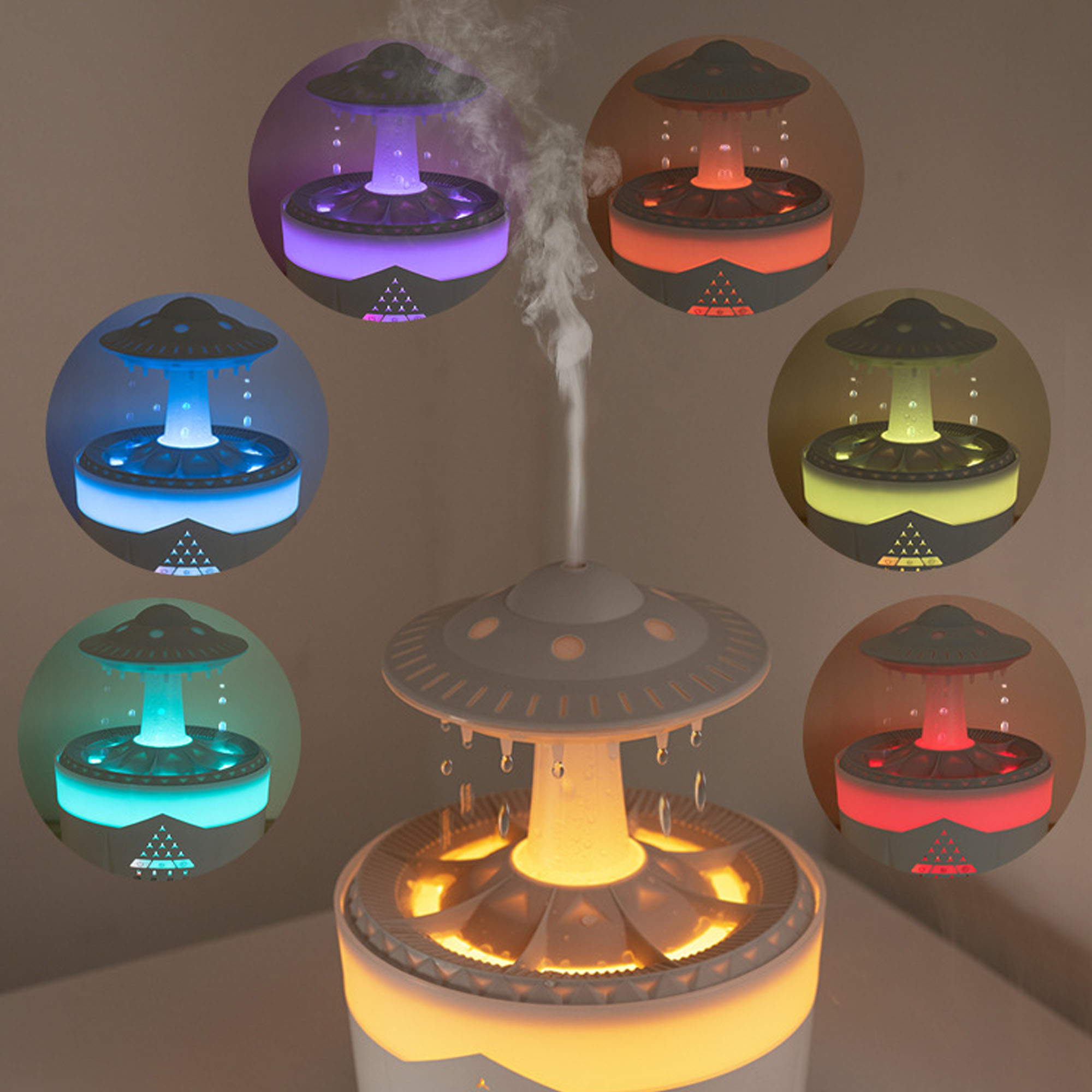 Luftbefeuchter mit mehreren Farboptionen, UFO-ähnliches Design, Dampf tritt aus.