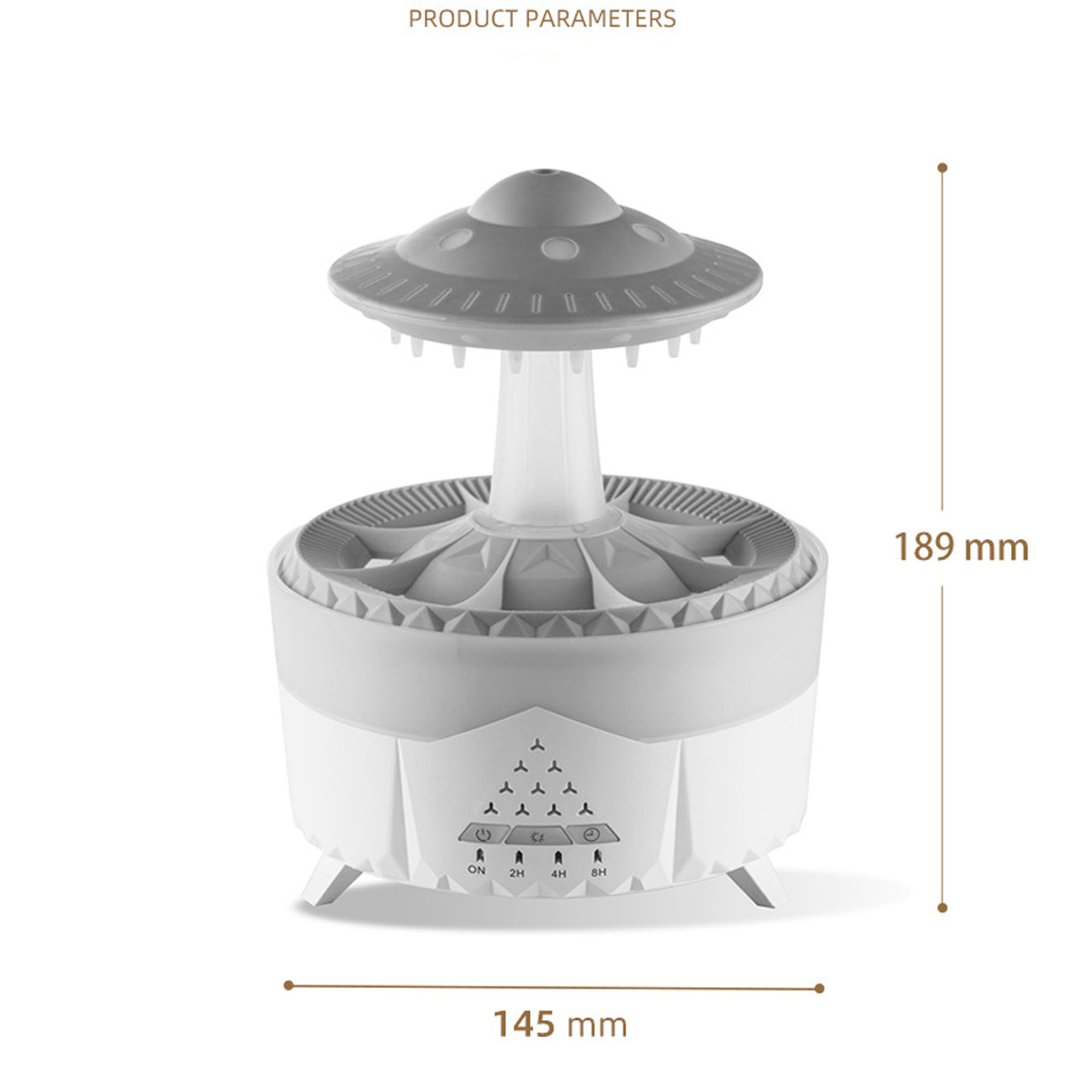 Weißer und grauer Luftbefeuchter mit Abmessungen. Es hat eine UFO-ähnliche Oberseite und Steuertasten. Weißer Hintergrund.