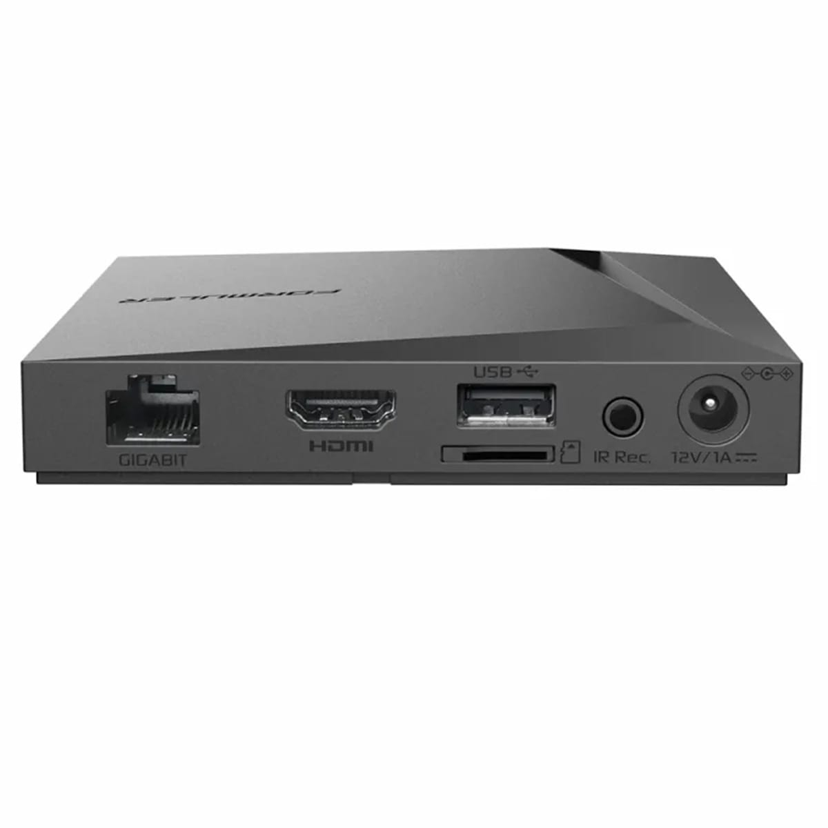 Nahaufnahme einer schwarzen Formuler-Box, die Anschlüsse zeigt: Gigabit, HDMI, USB, SD und 12V Strom.