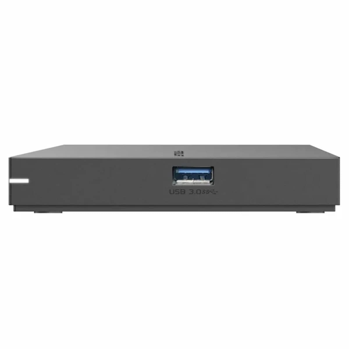 Ein grauer USB-Hub mit einem USB 3.0-Anschluss, vor weißem Hintergrund.