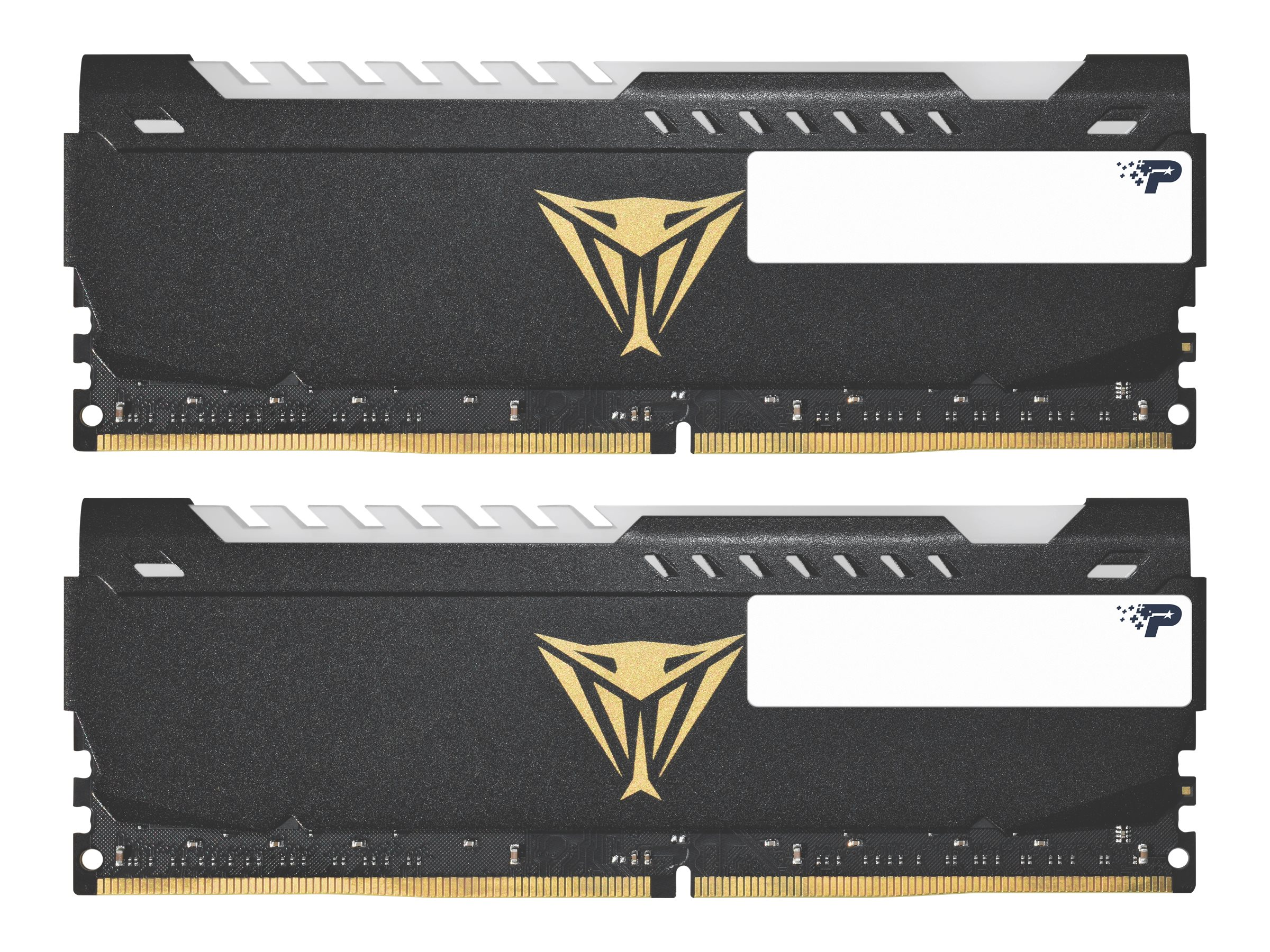 Zwei schwarze RAM-Module mit goldenem Logo und weißen Akzenten, auf weißer Oberfläche.